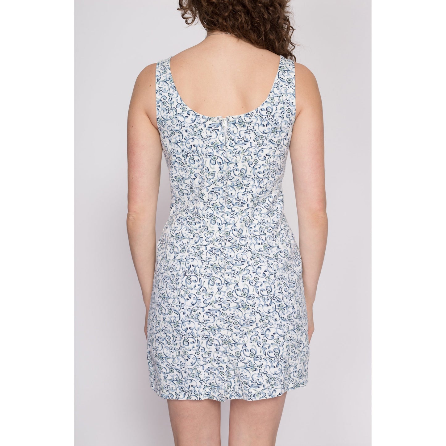 M| 90s Blue Floral Denim Mini Dress - Medium | Vintage Rampage Sleeveless Jean Dress