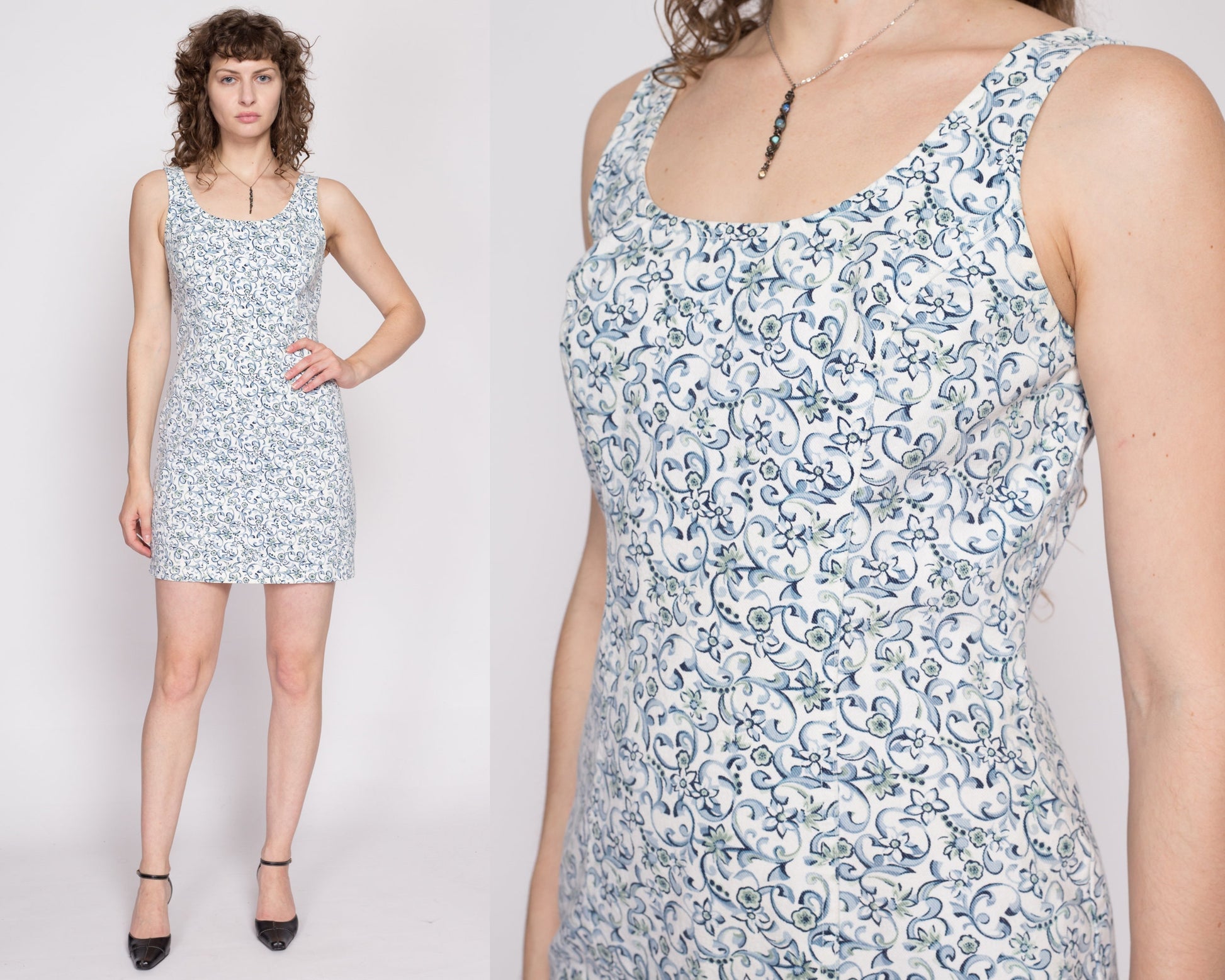 M| 90s Blue Floral Denim Mini Dress - Medium | Vintage Rampage Sleeveless Jean Dress