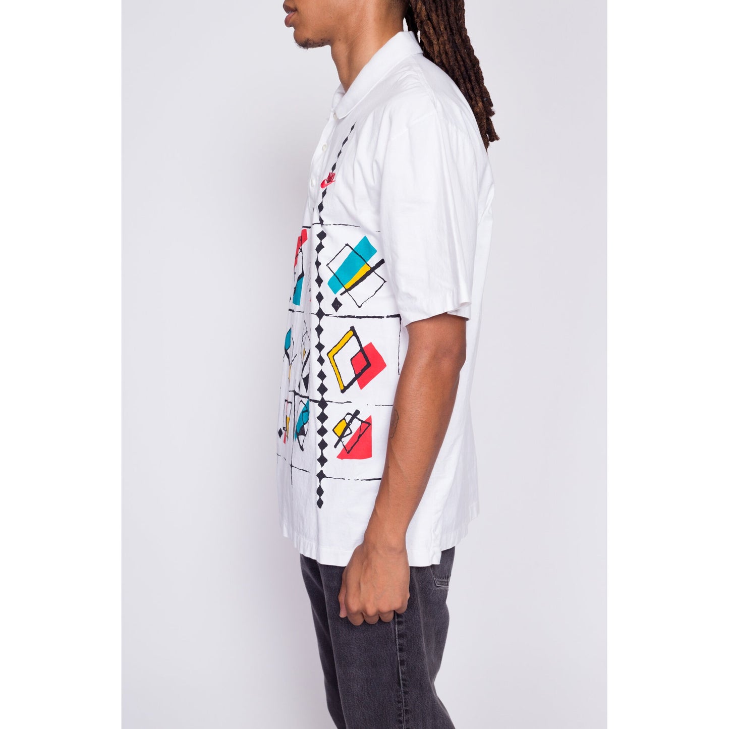 80s Nike Polo Shirt - Men's Large to XL | Vintage Grey Tag Streetwear Swoosh Logo Abstract Graphic Tee