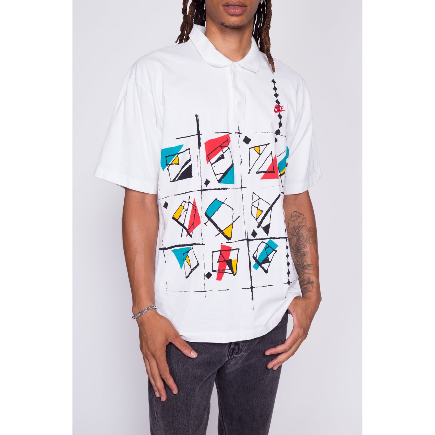 80s Nike Polo Shirt - Men's Large to XL | Vintage Grey Tag Streetwear Swoosh Logo Abstract Graphic Tee