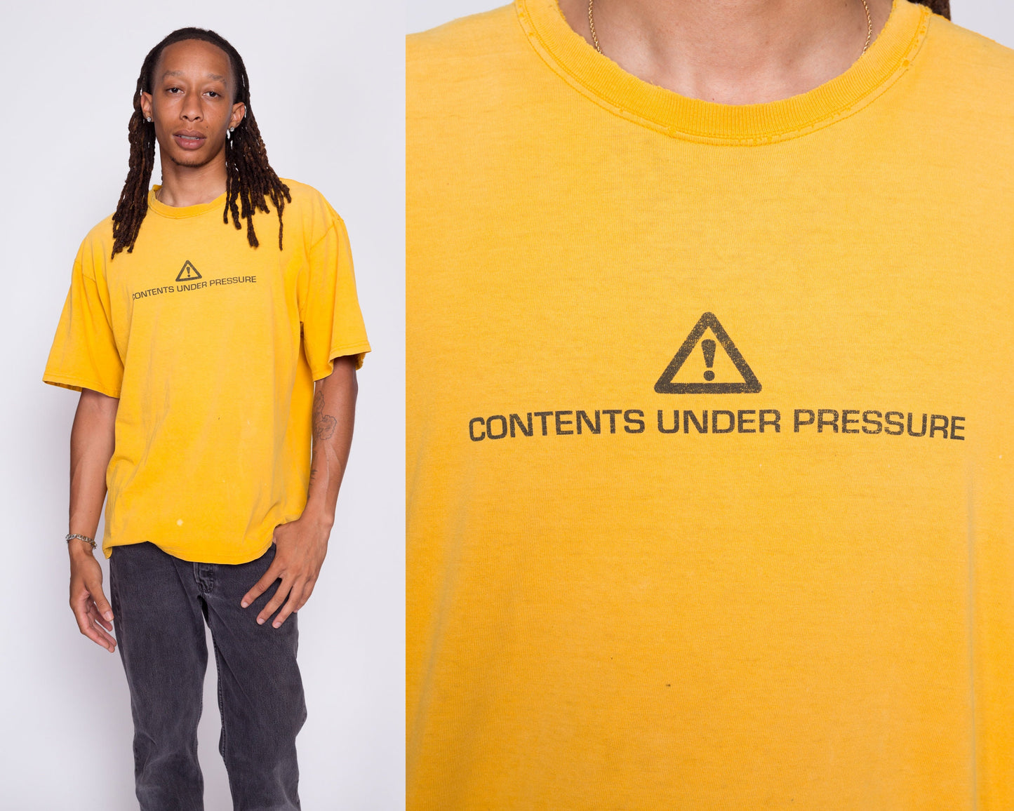 90s Contents Under Pressure Distressed T Shirt - Men's Large | Vintage Yellow Oversize Warning Label Graphic Tee