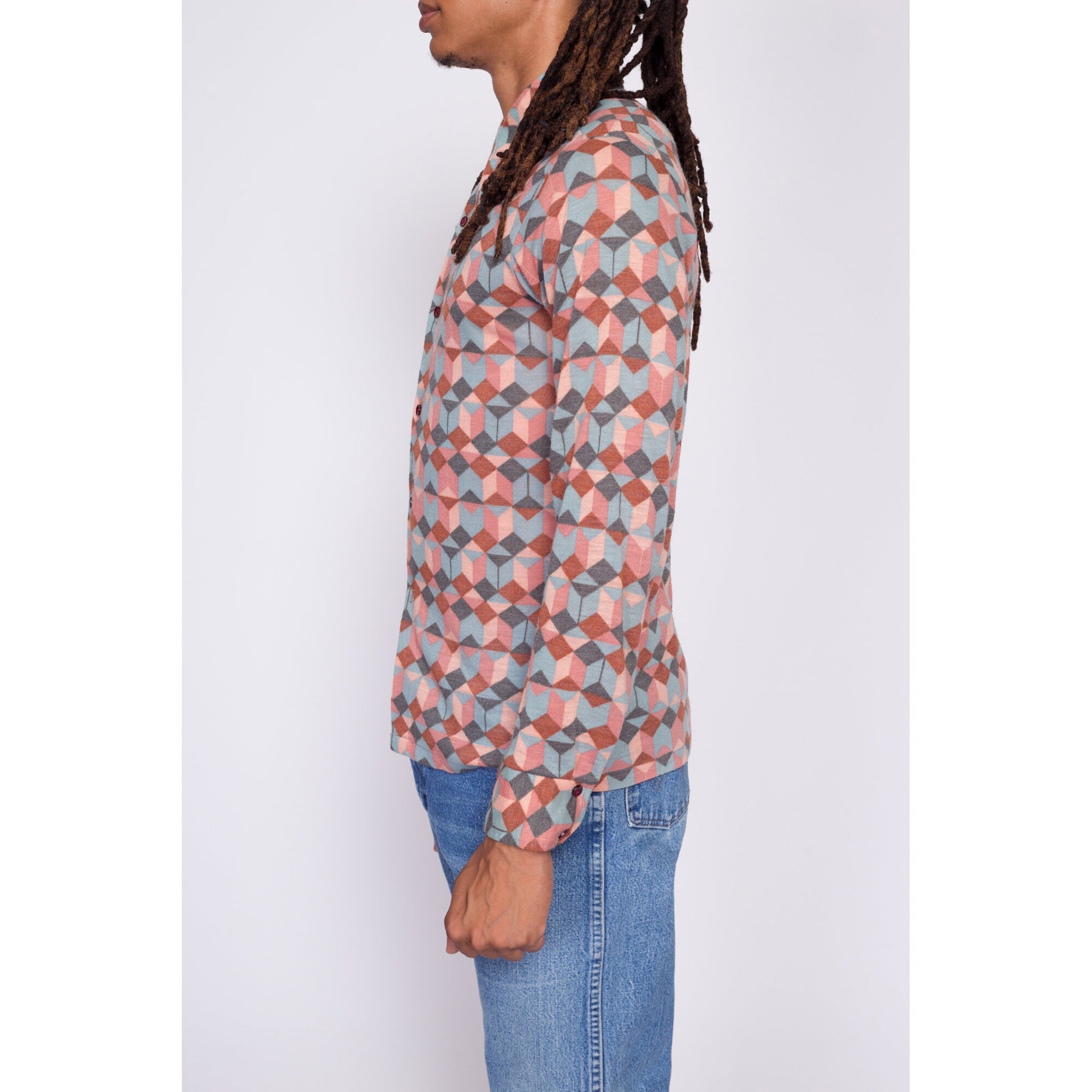 70s Optical Illusion Knit Disco Shirt - Men's Small | Vintage Abstract Geometric Op Art Collared Long Sleeve Top