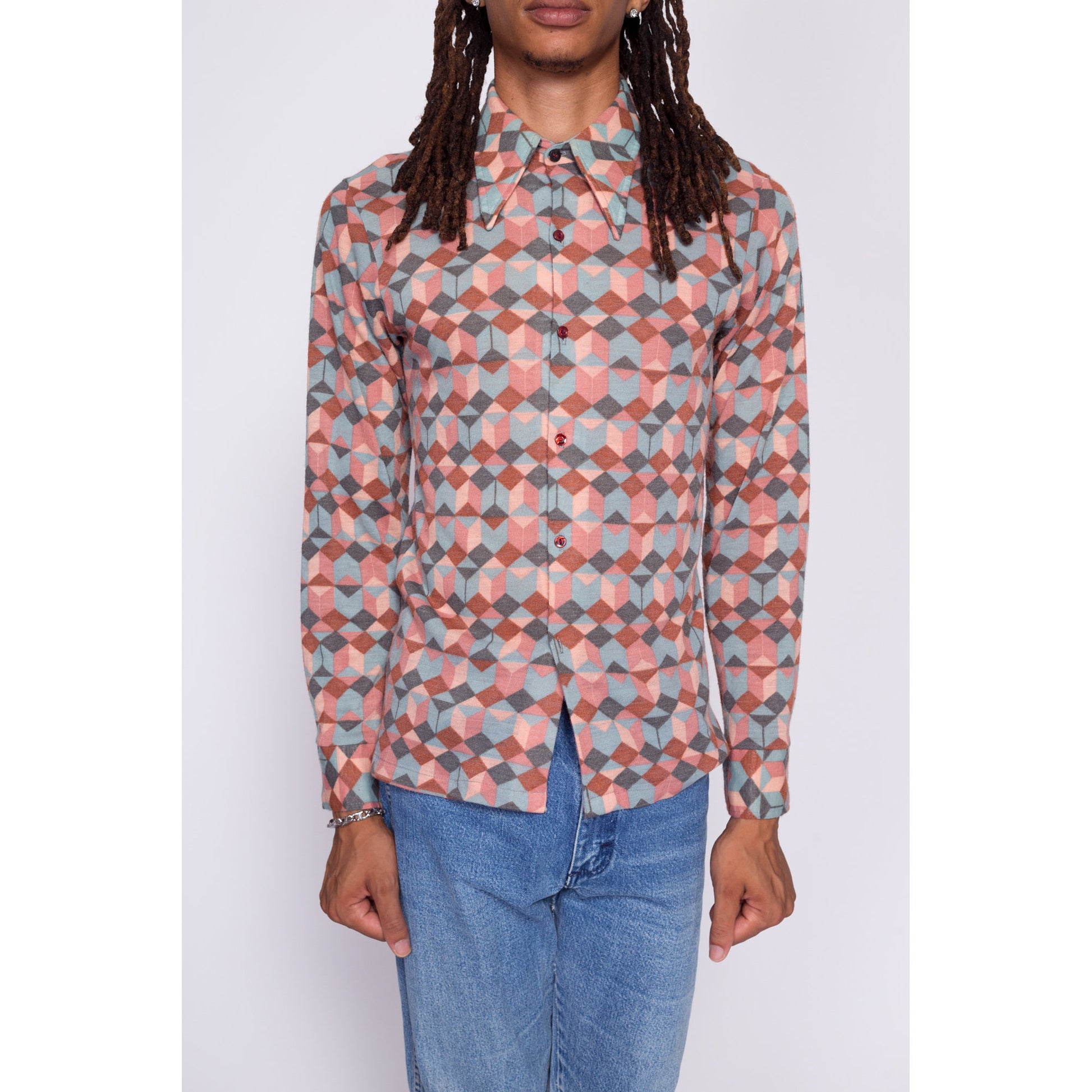 70s Optical Illusion Knit Disco Shirt - Men's Small | Vintage Abstract Geometric Op Art Collared Long Sleeve Top