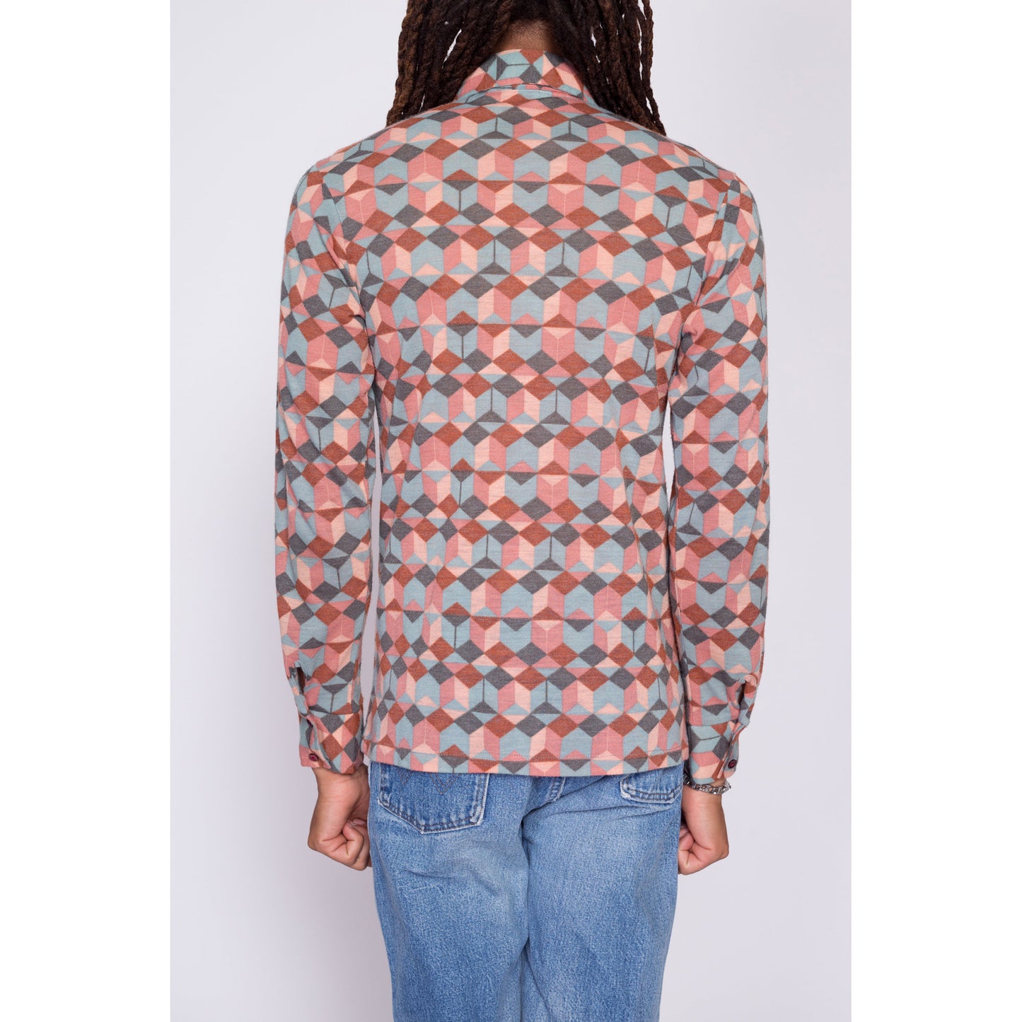 70s Optical Illusion Knit Disco Shirt - Men's Small | Vintage Abstract Geometric Op Art Collared Long Sleeve Top