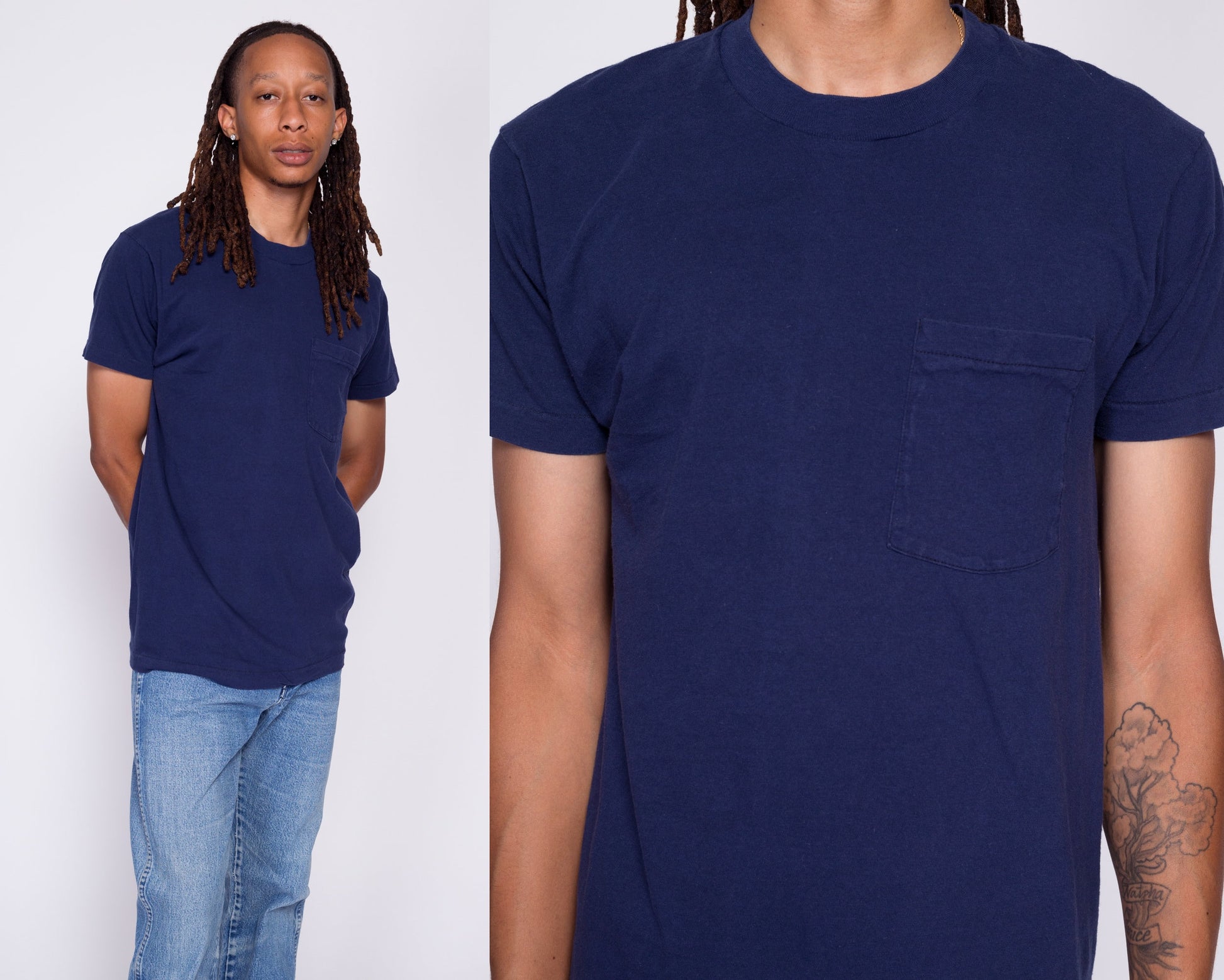 80s Plain Navy Blue Pocket Tee - Men's Medium | Vintage Fruit Of The Loom Cotton Blank T-Shirt