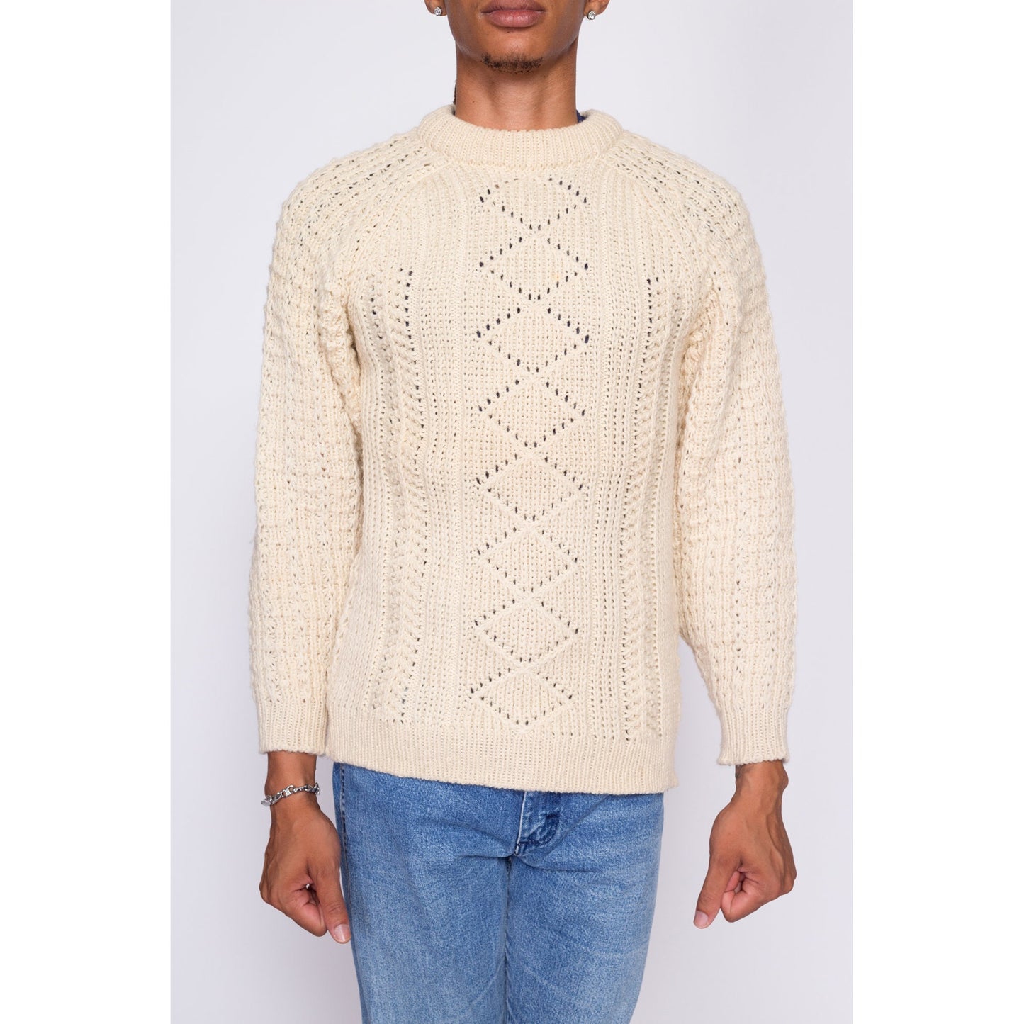 70s McRitchie Of Edinburgh Cable Knit Sweater - Men's Small Short | Vintage Cream Wool Fisherman Pullover Jumper
