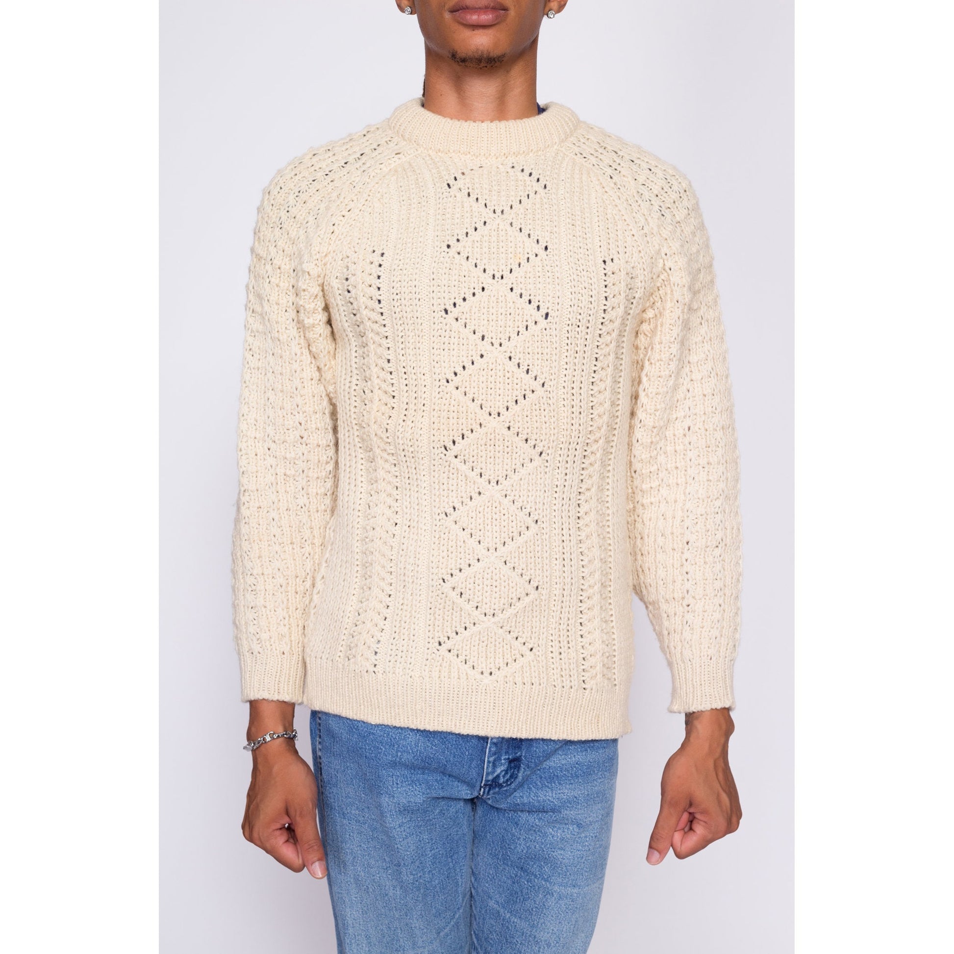70s McRitchie Of Edinburgh Cable Knit Sweater - Men's Small Short | Vintage Cream Wool Fisherman Pullover Jumper
