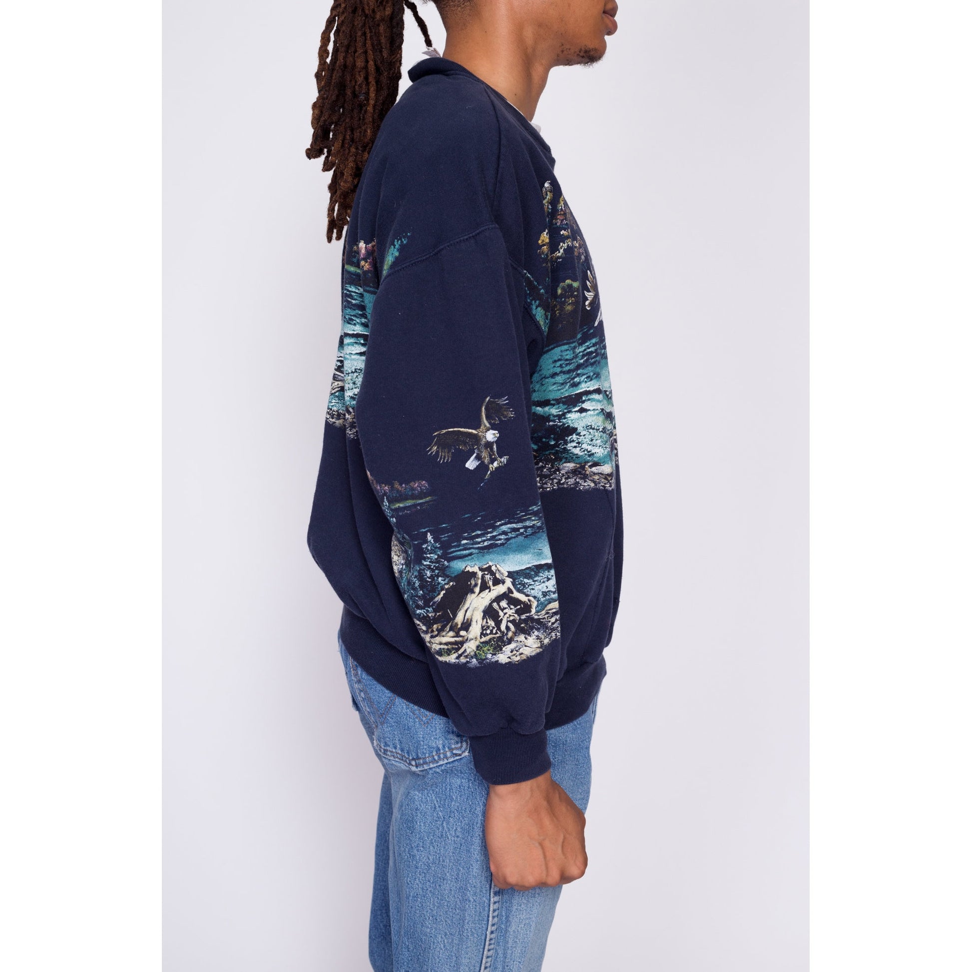90s Bald Eagle Sweatshirt - Men's Large | Vintage Navy Blue Wraparound Graphic Nature Print Pocket Pullover