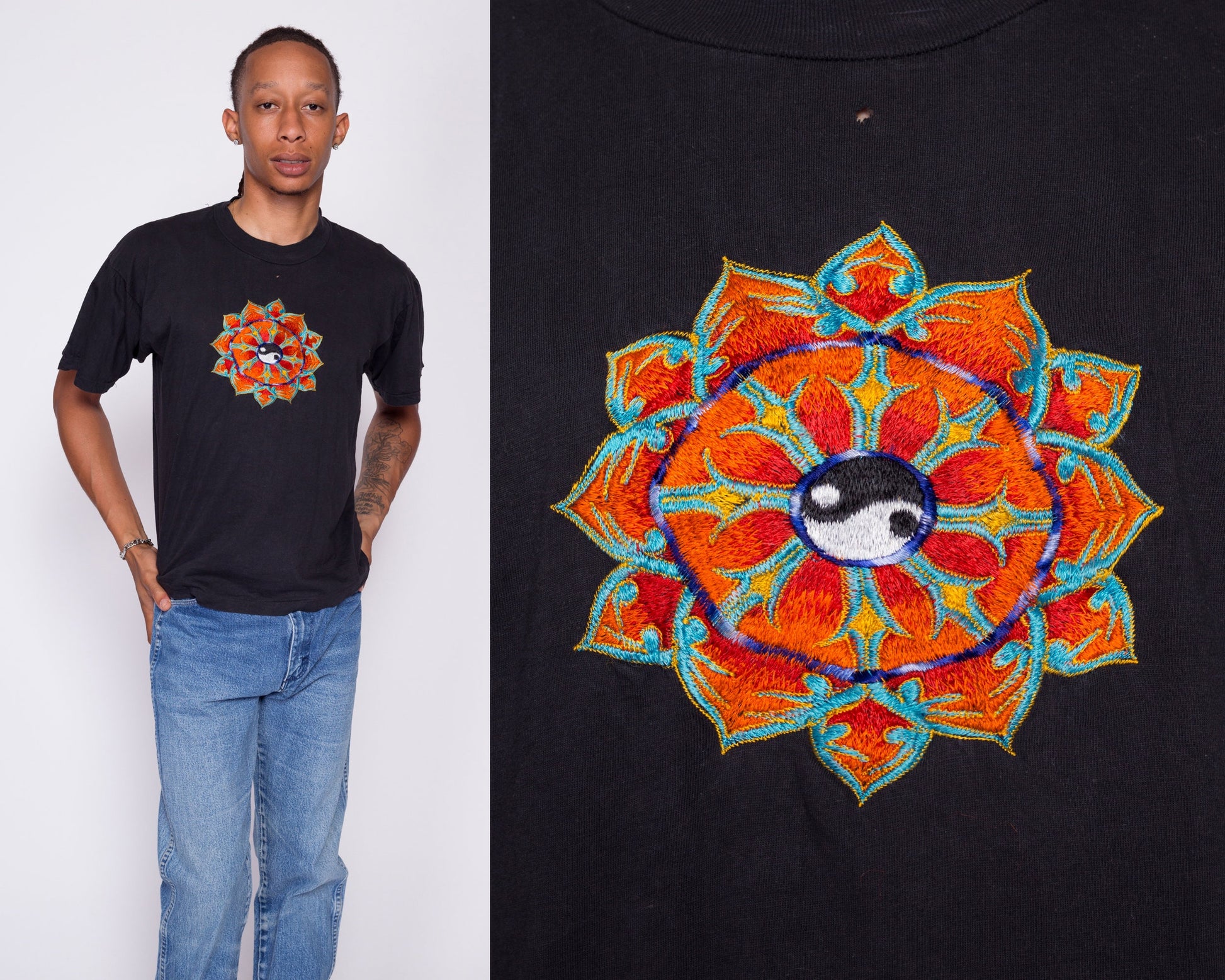 90s Embroidered Yin & Yang T Shirt - Men's Large Short | Vintage Nepal Black Hippie Tourist Tee