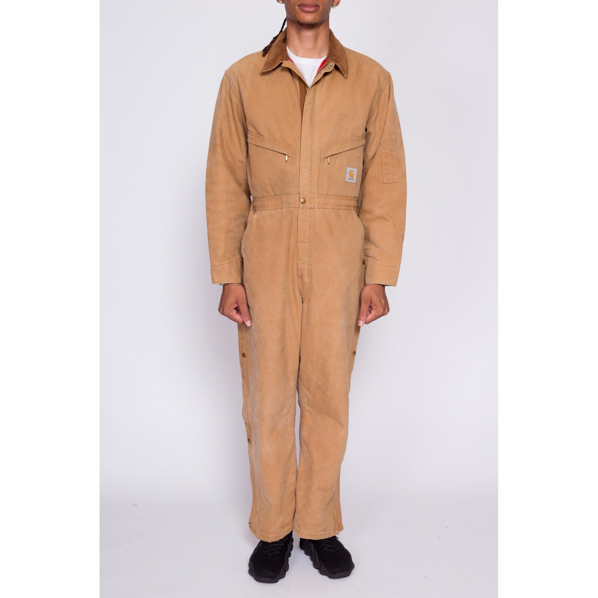 90s Carhartt Made In USA Insulated Coveralls - 42 Short | Vintage Tan Cotton Duck Canvas Workwear Zip Front Jumpsuit