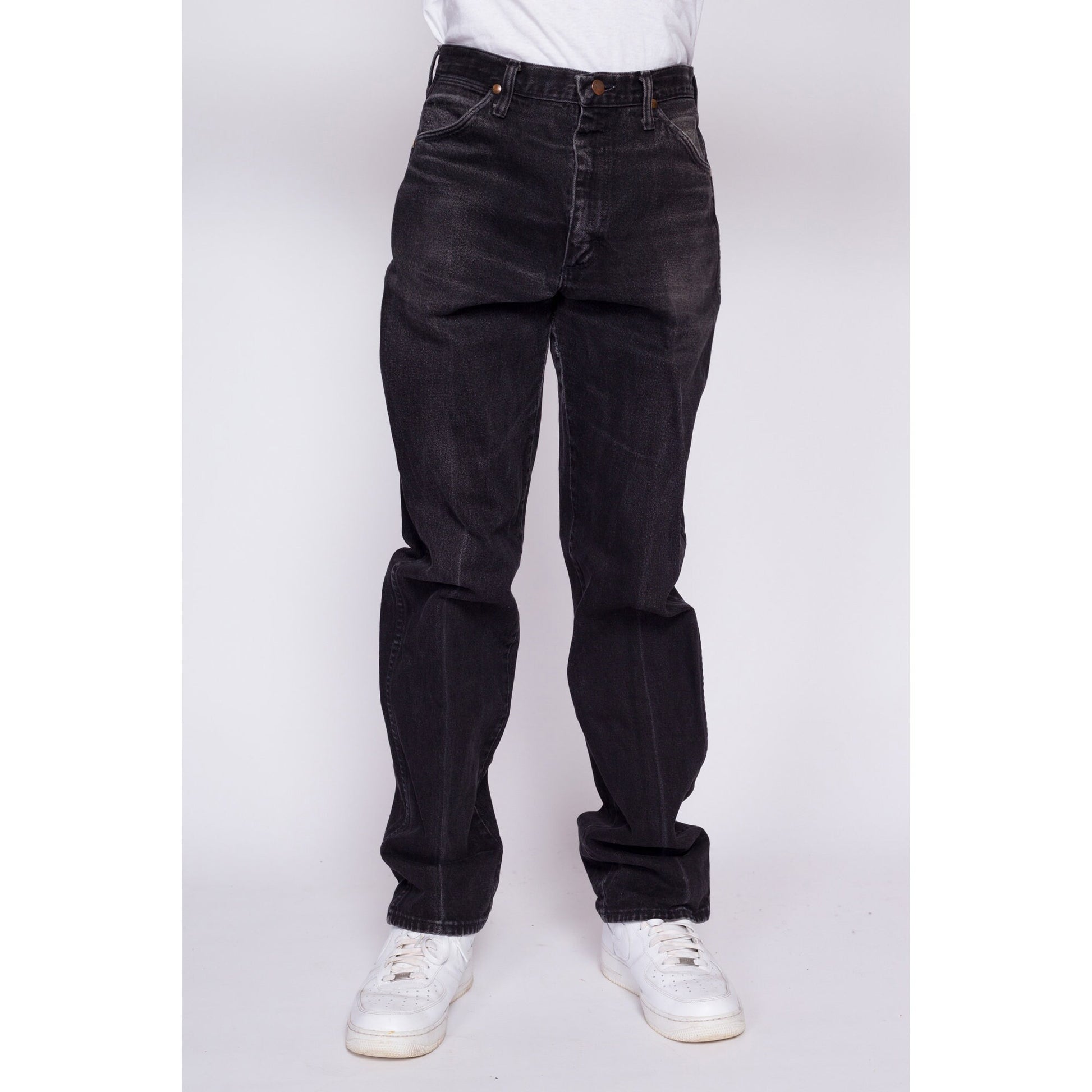 70s 80s Wrangler Black Jeans - 33x36 | Vintage Faded Denim Distressed Baggy Straight Leg Jeans