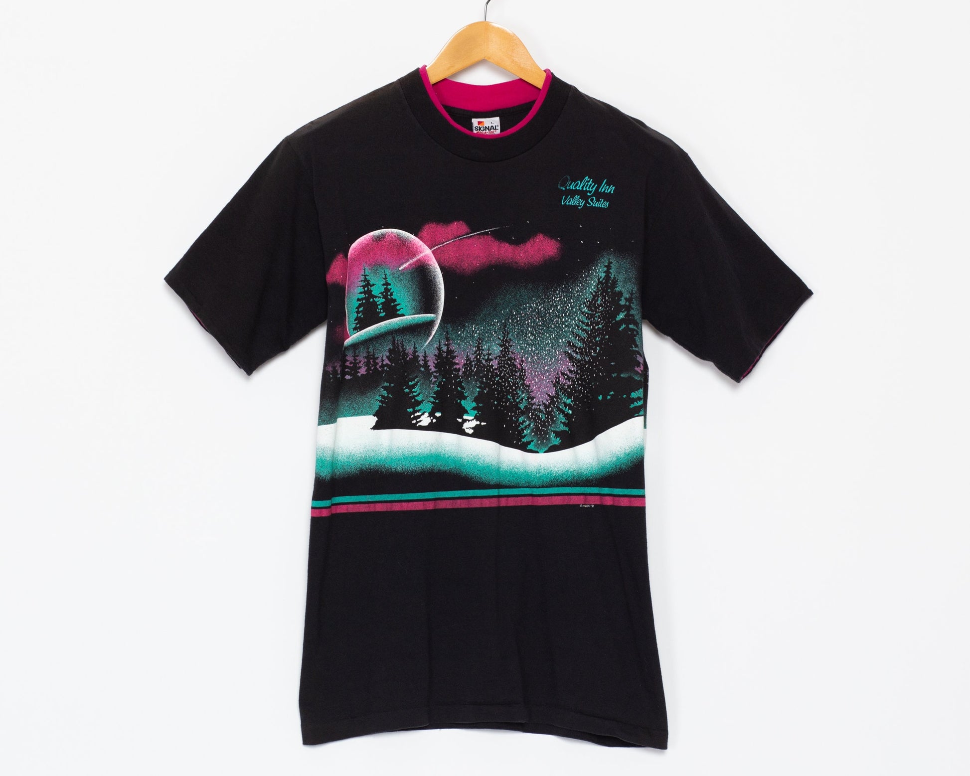 90s Vaporwave Winter Scene T Shirt - Unisex Medium | Vintage Black Pink Cuffed Graphic Tourist Tee