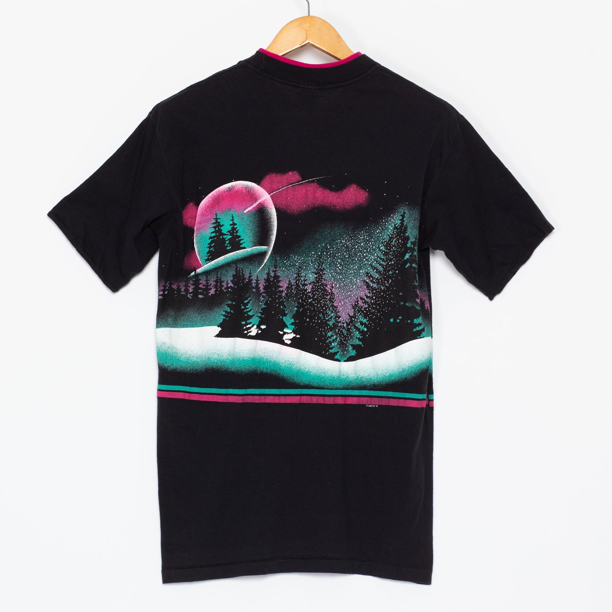 90s Vaporwave Winter Scene T Shirt - Unisex Medium | Vintage Black Pink Cuffed Graphic Tourist Tee