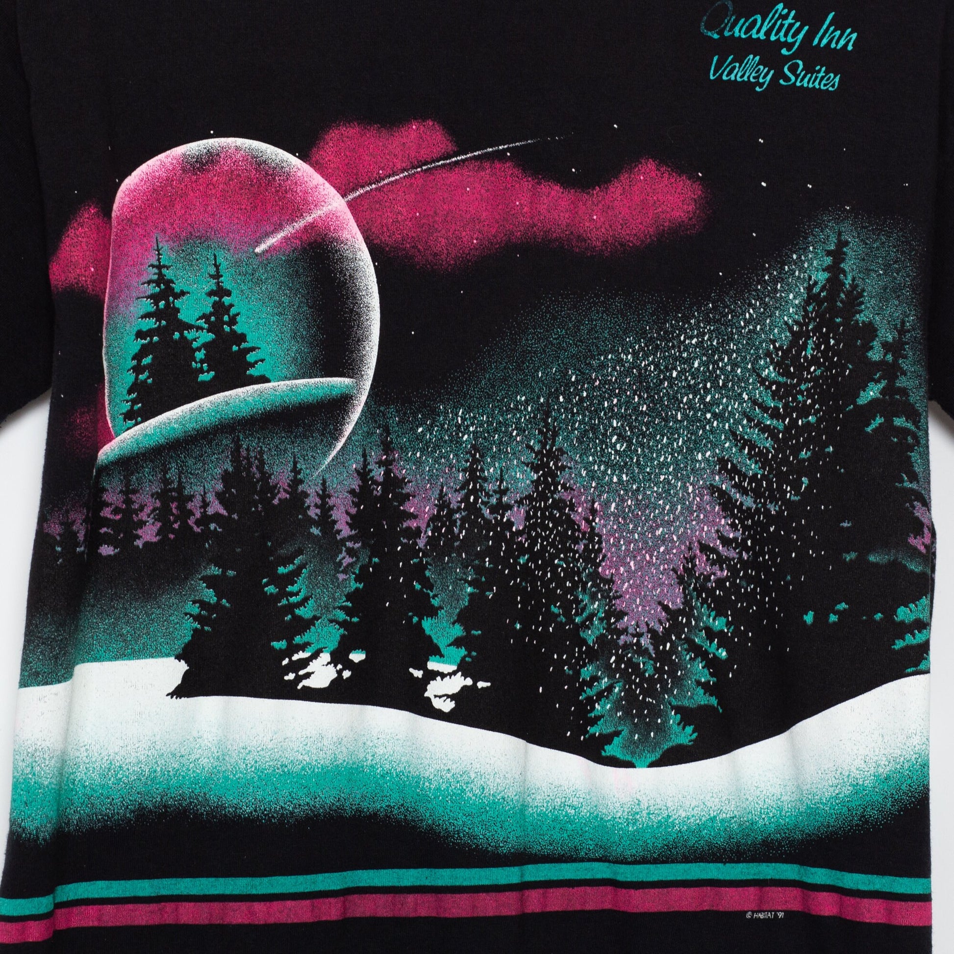 90s Vaporwave Winter Scene T Shirt - Unisex Medium | Vintage Black Pink Cuffed Graphic Tourist Tee