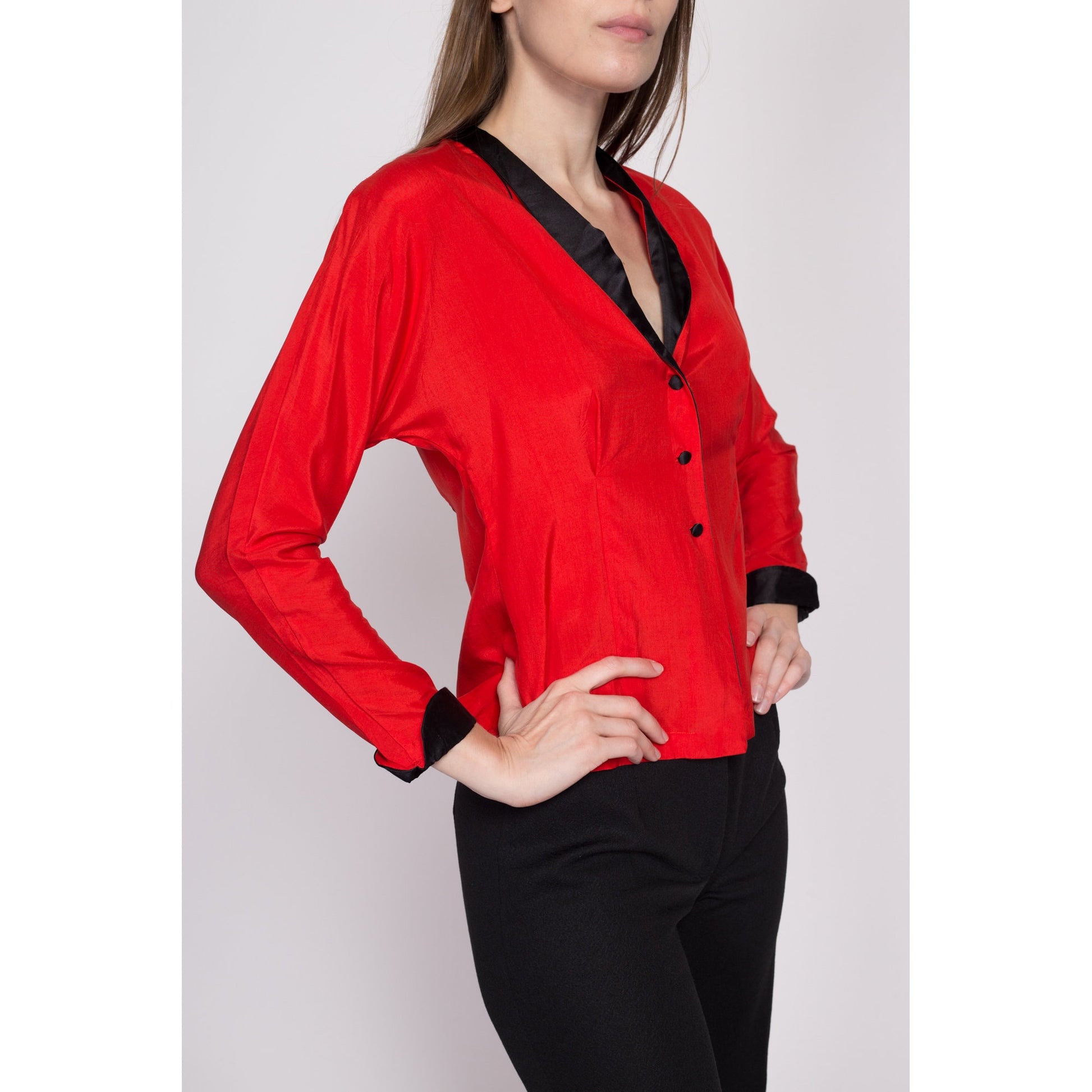 S| 80s Red Silk Western Blouse - Small | Vintage Mercedes & Adrienne Retro Collared Long Sleeve Secretary Top