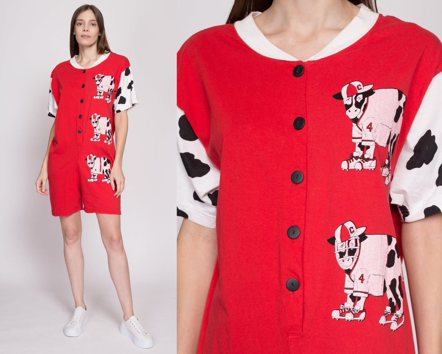 M-L| 80s Retro Cow Romper - Medium to Large | Vintage Red White Slouchy Loungewear Playsuit Outfit