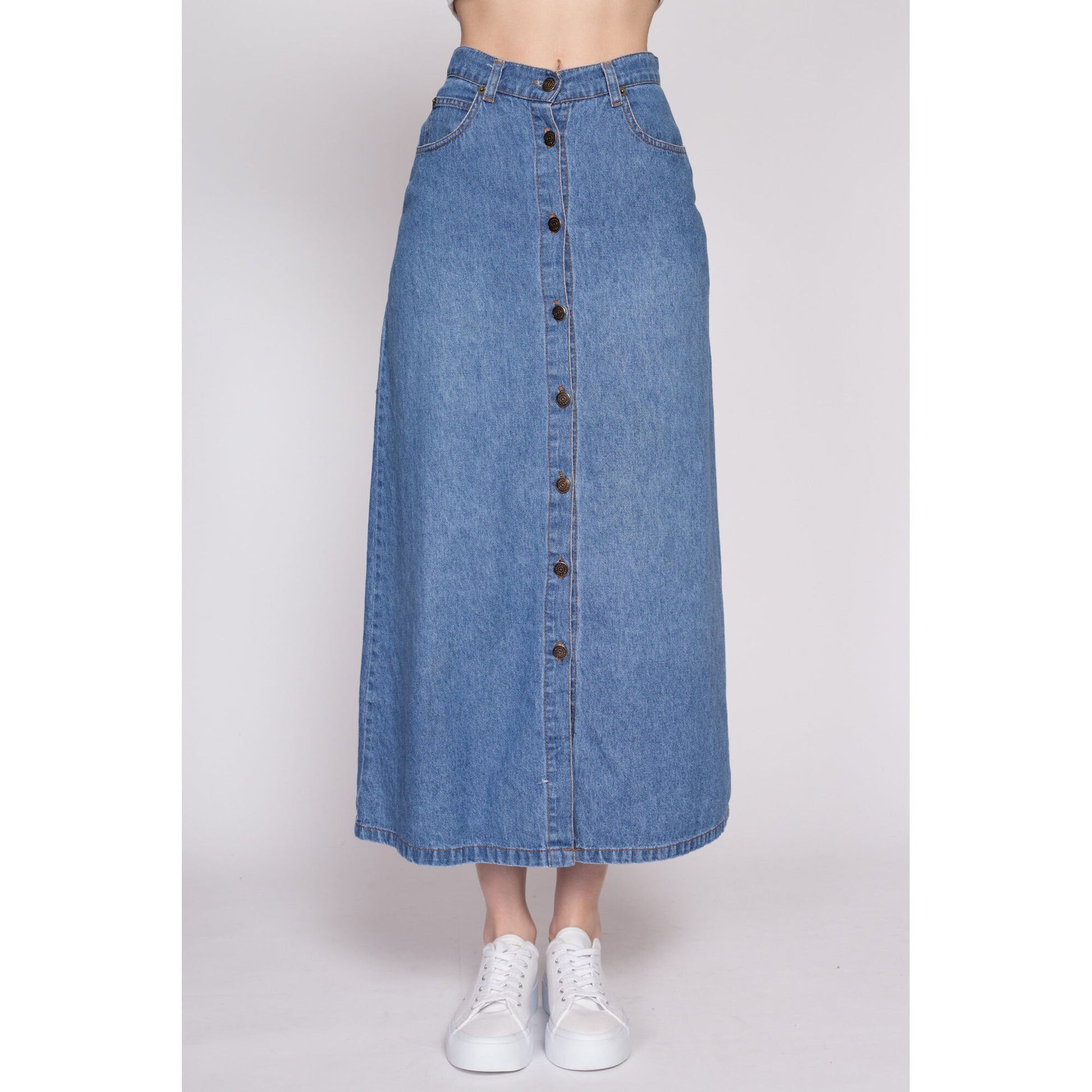 XS-S| 90s Denim Button Front Maxi Skirt - XS to Small, 25" | Vintage Grunge High Waisted Medium Wash Jean Skirt