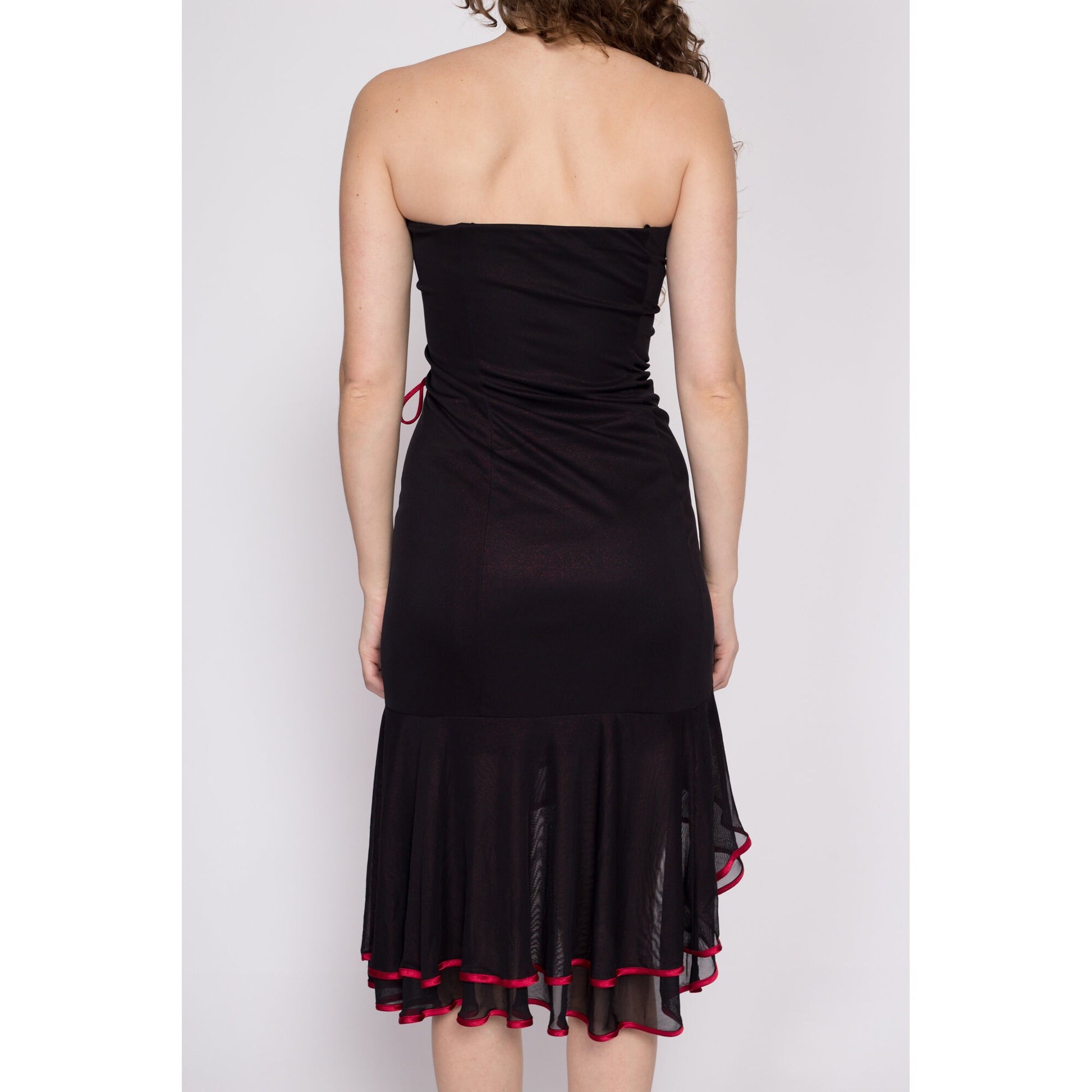 XS| Y2K Gothic Black & Red Metallic Strapless Party Dress - Extra Small | Vintage Ruffle High Low Hem Midi Mini Dress