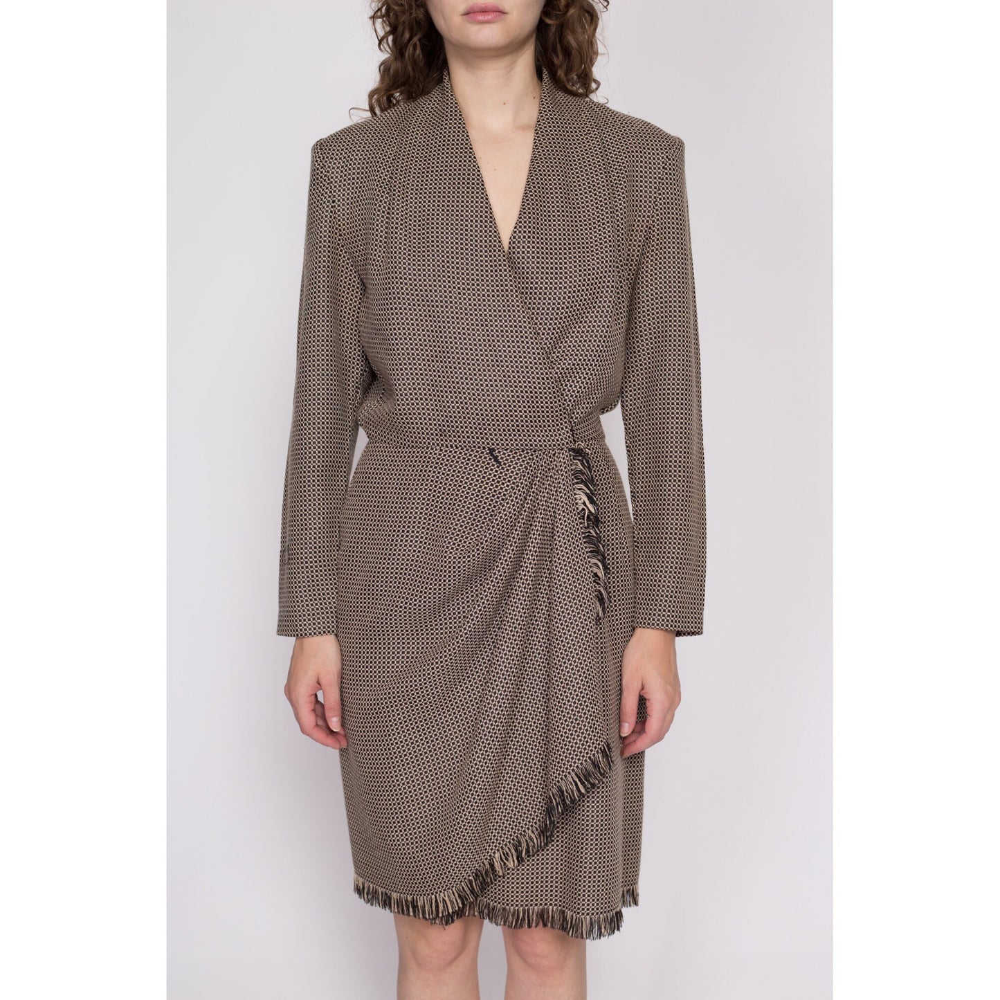 M| 90s Knit Fringe Wrap Dress - Medium | Vintage Long Sleeve Brown Black Knee Length Secretary Dress