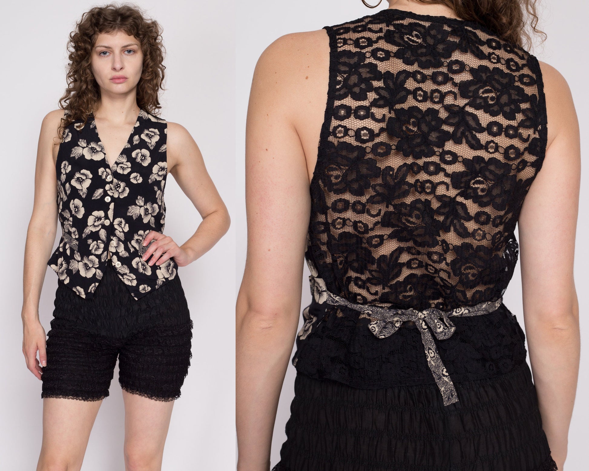 M| 90s The Limited Black Floral Crop Top Vest - Medium | Vintage Sheer Lace Back Button Up Cropped Sleeveless Suit Shirt