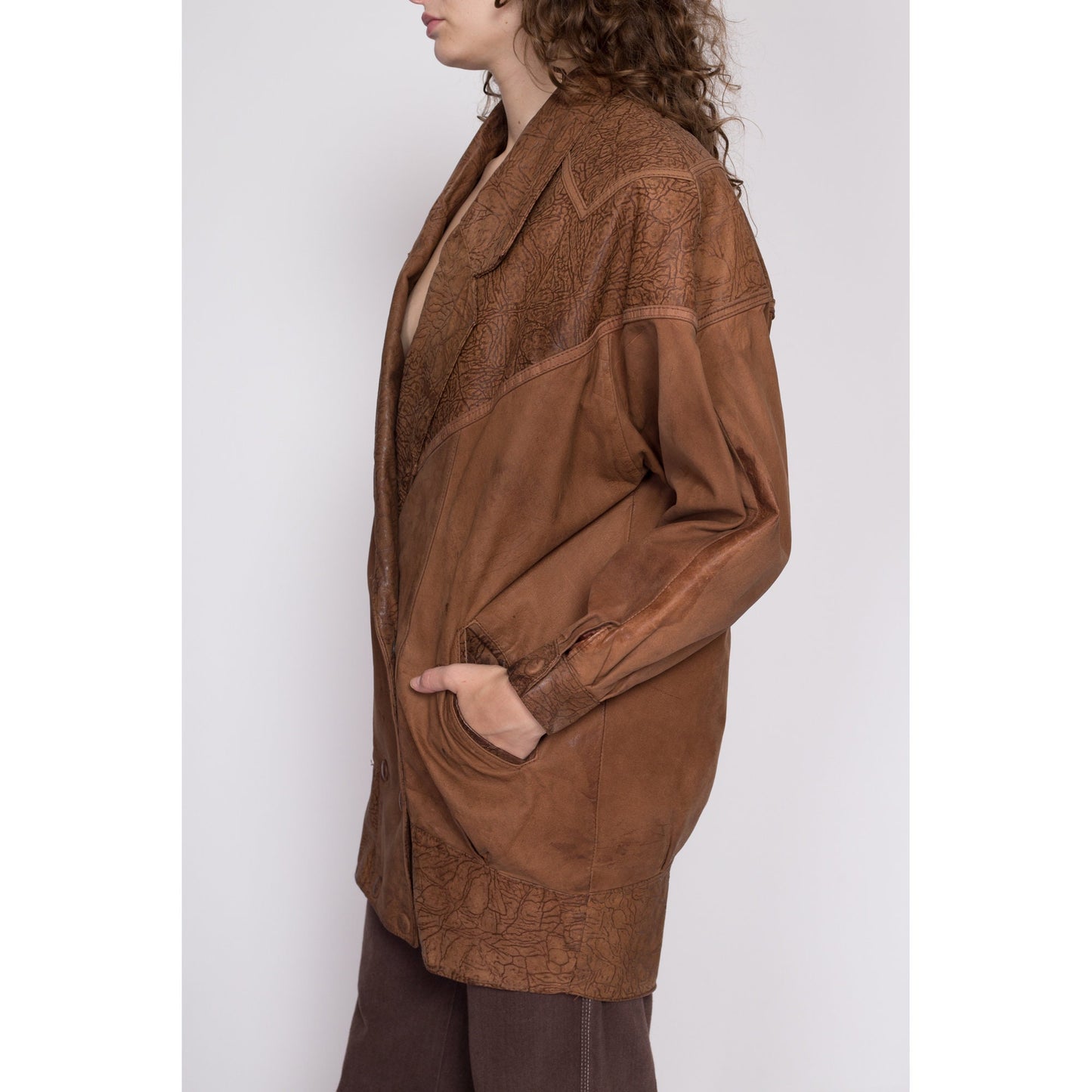 M| 80s G-III Brown Leather Embossed Jacket - Medium | Vintage Oversize Long Double Breasted Snap Up New Wave Coat