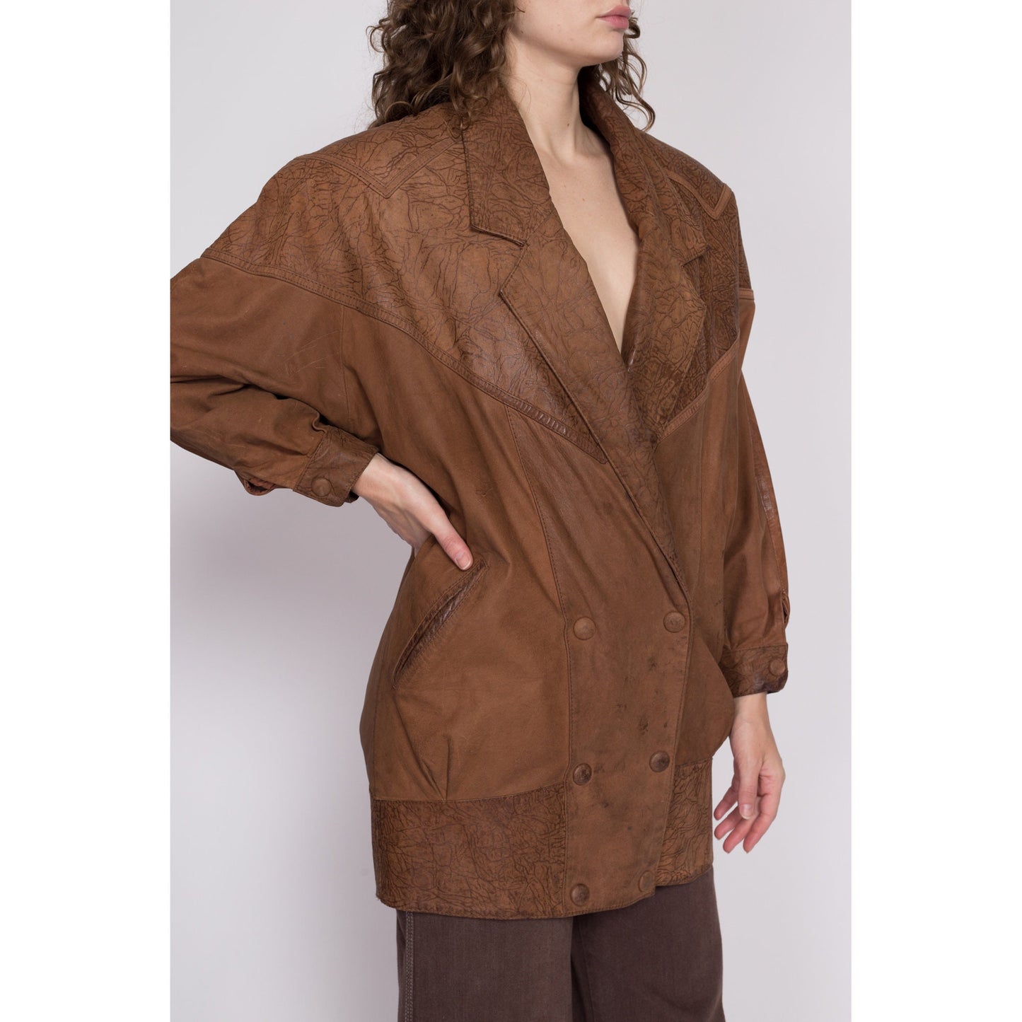 M| 80s G-III Brown Leather Embossed Jacket - Medium | Vintage Oversize Long Double Breasted Snap Up New Wave Coat