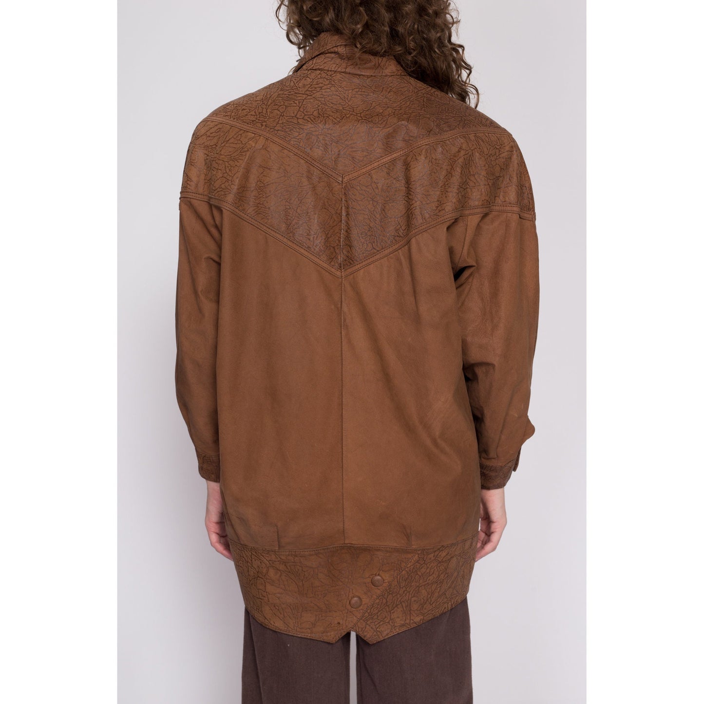 M| 80s G-III Brown Leather Embossed Jacket - Medium | Vintage Oversize Long Double Breasted Snap Up New Wave Coat