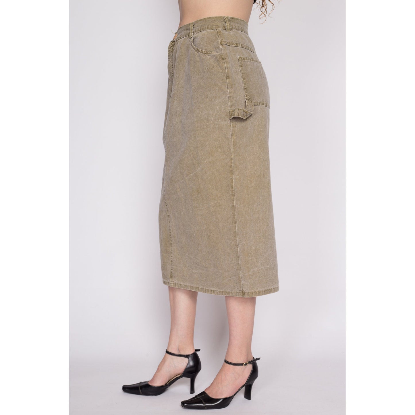 M| 90s Olive Khaki Midi Carpenter Skirt - Medium, 28" | Vintage High Waisted A Line Cotton Cargo Skirt