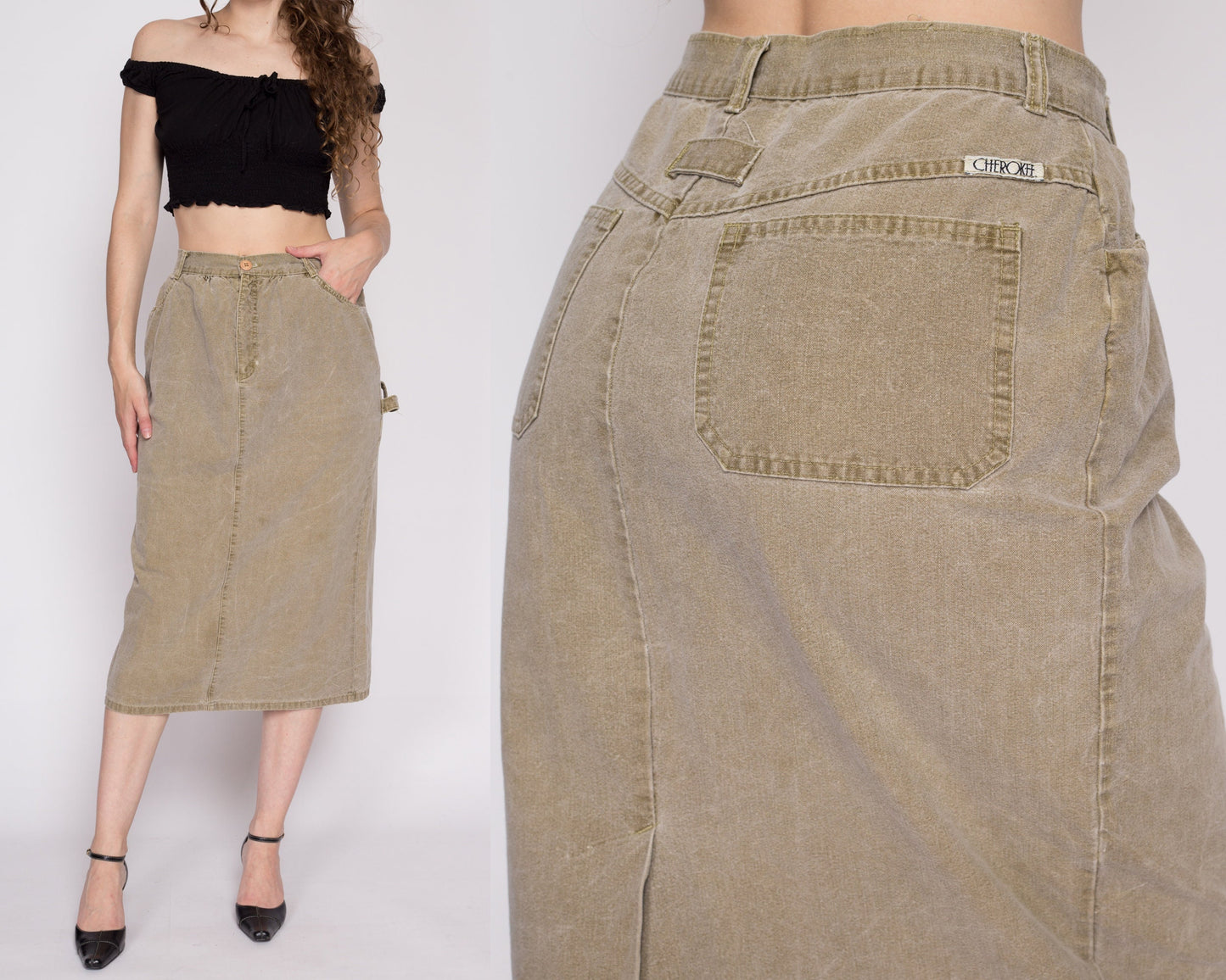 M| 90s Olive Khaki Midi Carpenter Skirt - Medium, 28" | Vintage High Waisted A Line Cotton Cargo Skirt