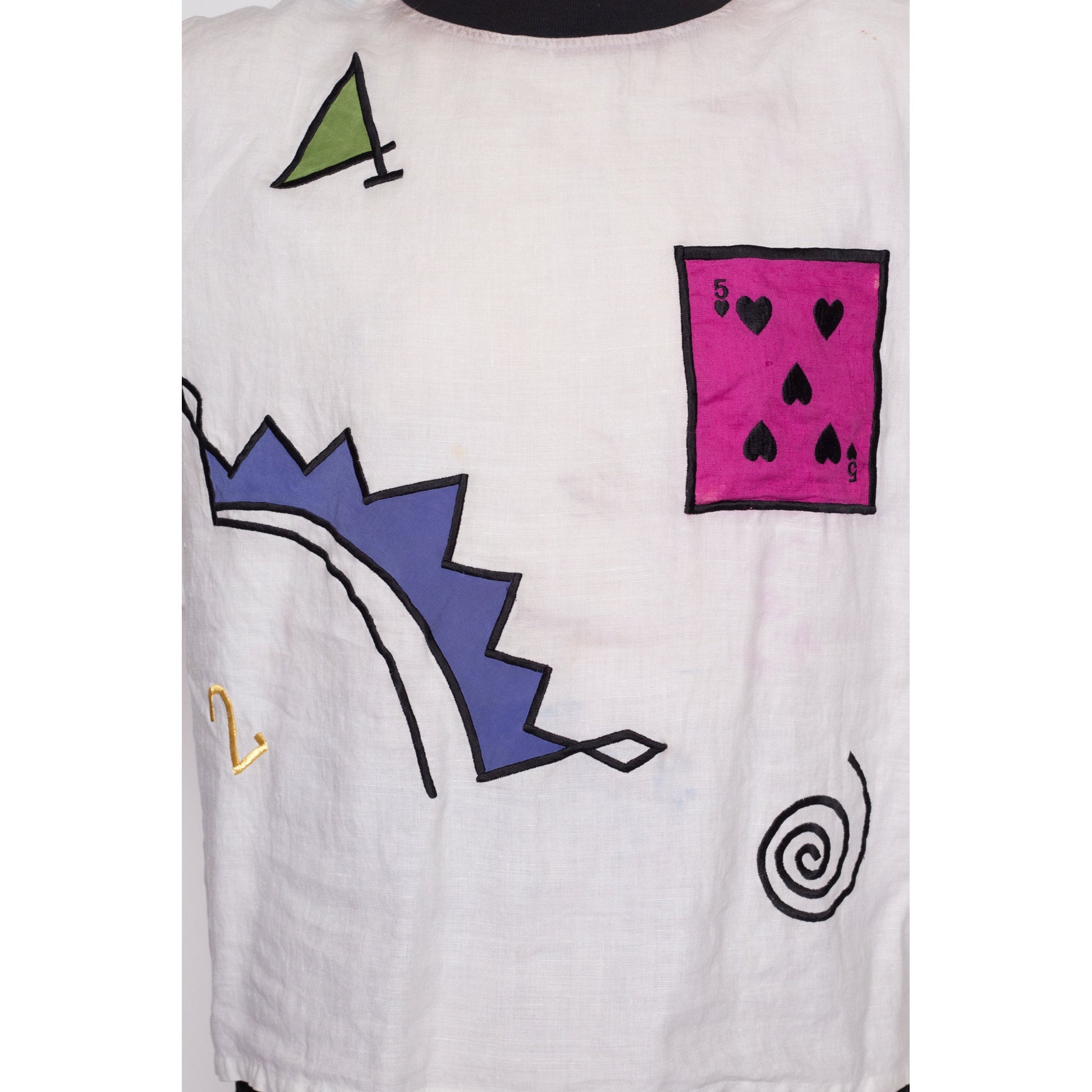 M| 80s Distressed Linen Playing Card Tee - Medium | Vintage Ann Tjian For Kenar White Novelty Patchwork Graphic T Shirt