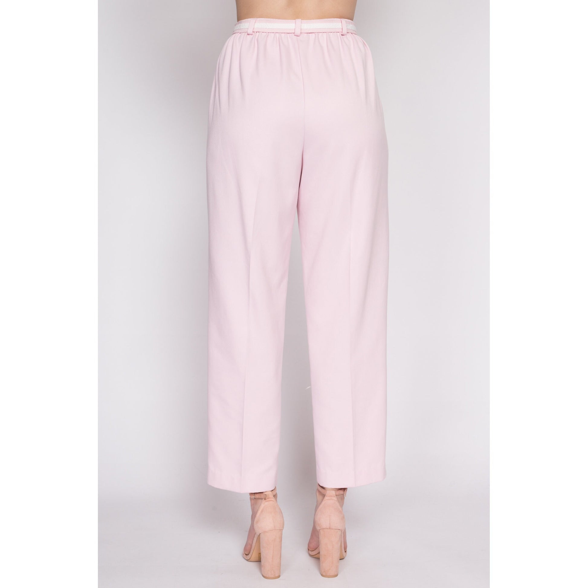 M| 80s Pink High Waist Belted Pants - Medium | Vintage Tapered Leg Elastic Casual Trousers