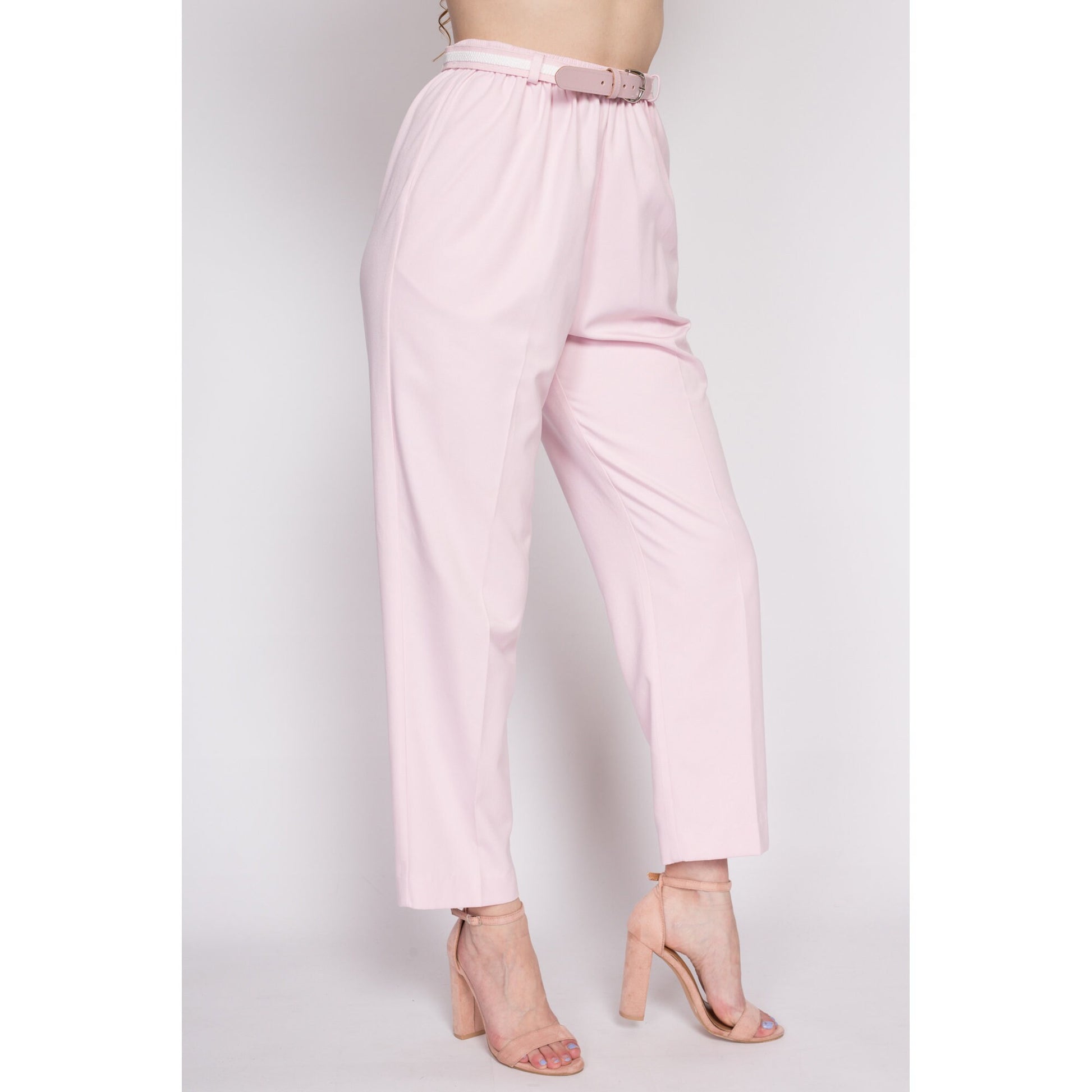 M| 80s Pink High Waist Belted Pants - Medium | Vintage Tapered Leg Elastic Casual Trousers