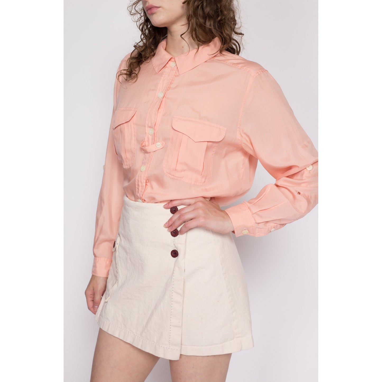 L| 80s Peach Silk Blend Cuffed Sleeve Blouse - Large | Vintage Minimalist Oversize Long Sleeve Button Up Collared Shirt