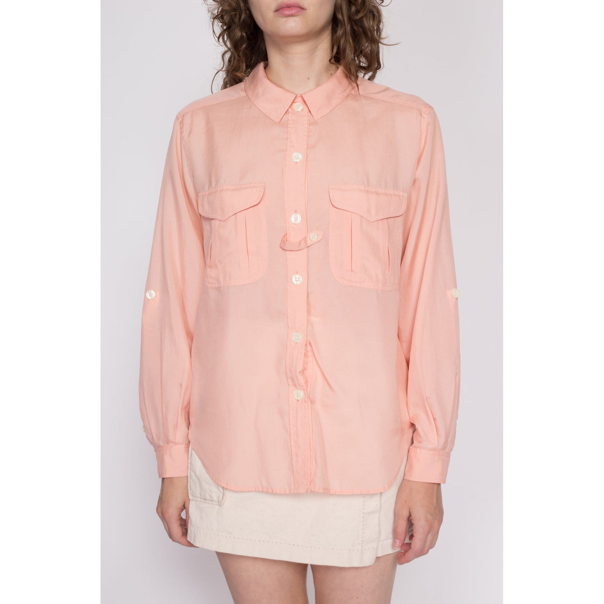 L| 80s Peach Silk Blend Cuffed Sleeve Blouse - Large | Vintage Minimalist Oversize Long Sleeve Button Up Collared Shirt