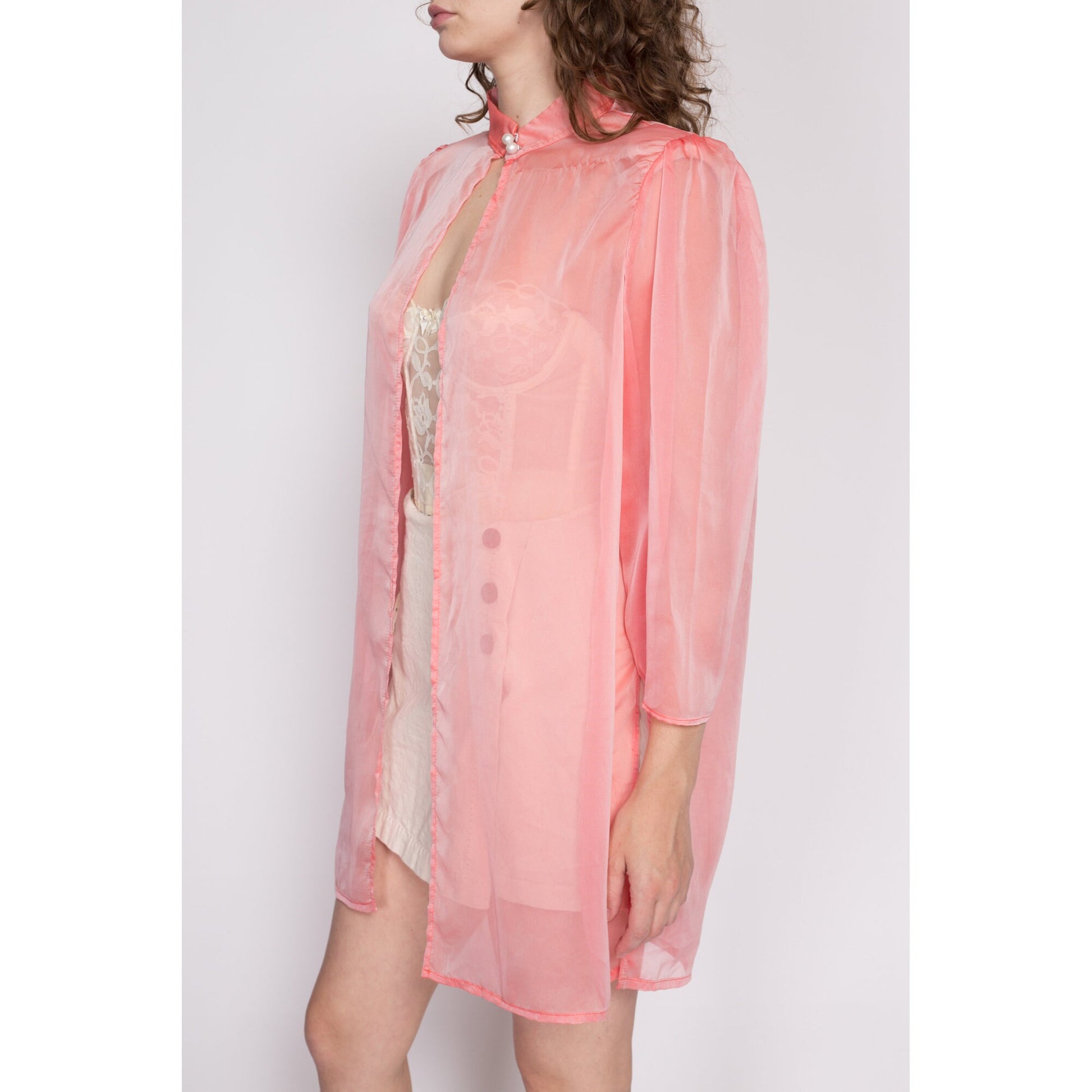 XL| 80s Sheer Pink Chiffon Jacket - Extra Large | Vintage Open Fit Long Shirt