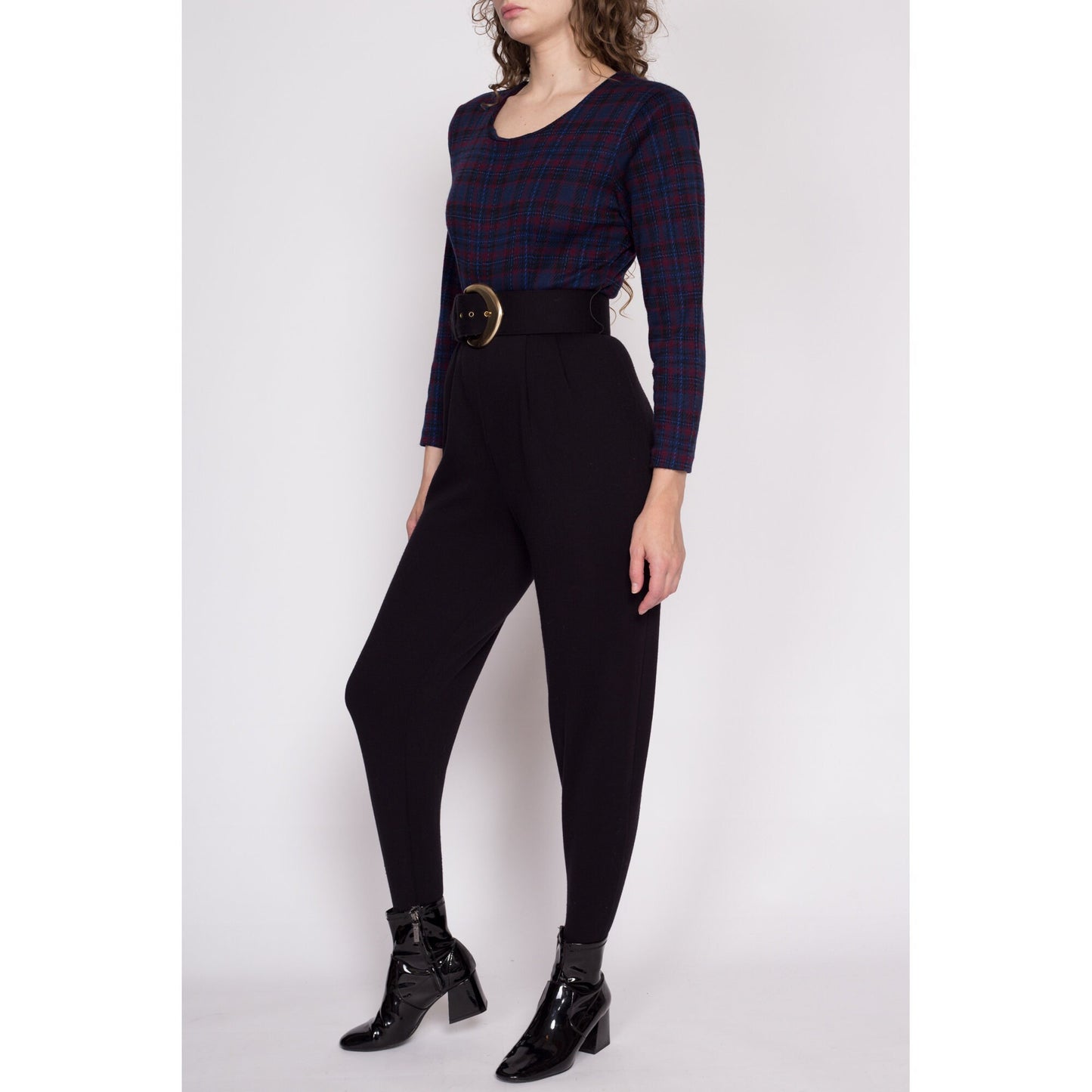 S-M | 80s Plaid Belted Stirrup Jumpsuit - Small to Medium | Vintage Black Long Sleeve Outfit