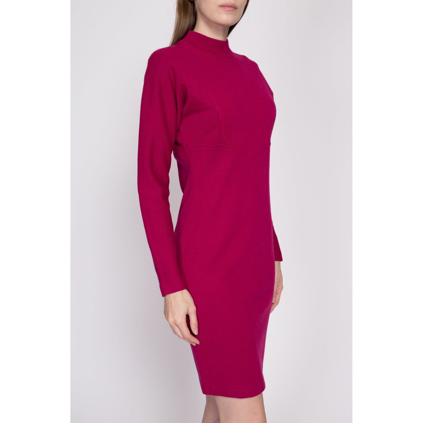 S| 80s Magenta Knit Mini Sweater Dress - Small | Vintage Dolman Sleeve Mockneck Wool Blend Dress