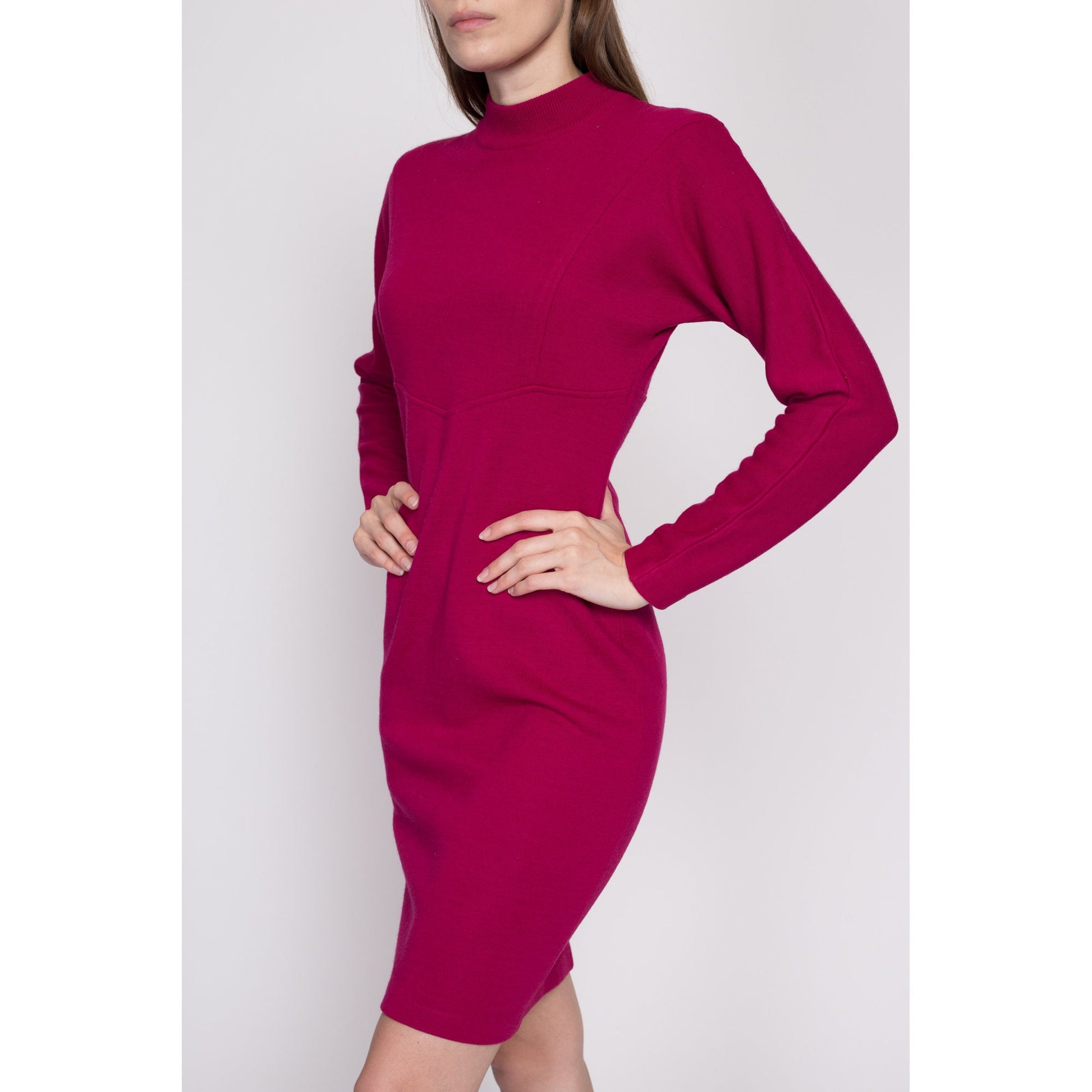 S| 80s Magenta Knit Mini Sweater Dress - Small | Vintage Dolman Sleeve Mockneck Wool Blend Dress