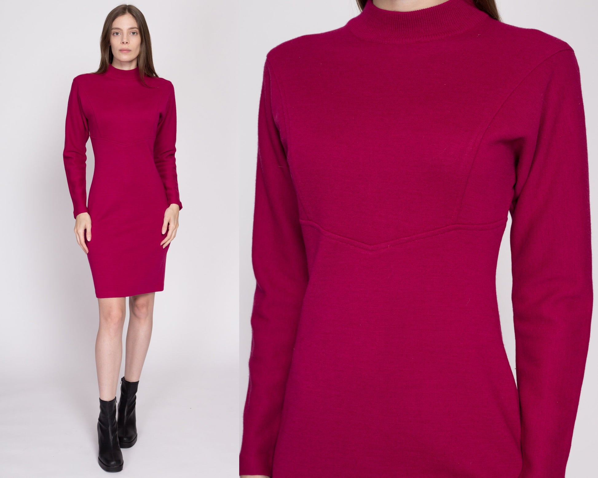 S| 80s Magenta Knit Mini Sweater Dress - Small | Vintage Dolman Sleeve Mockneck Wool Blend Dress