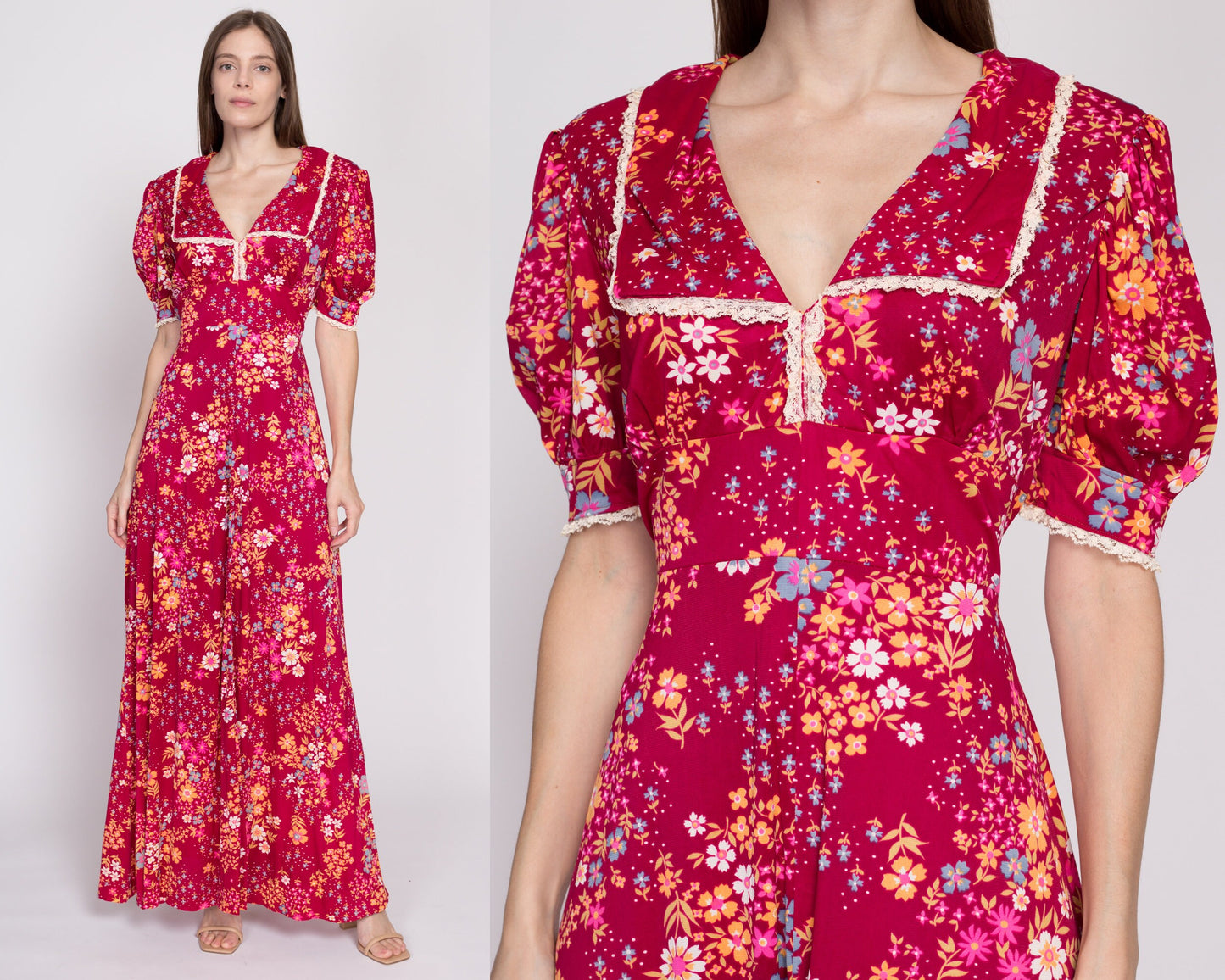 L| 70s Raspberry Red Floral Puff Sleeve Prairie Maxi Dress - Large | Vintage Lace Trim Boho Hippie Formal Gown
