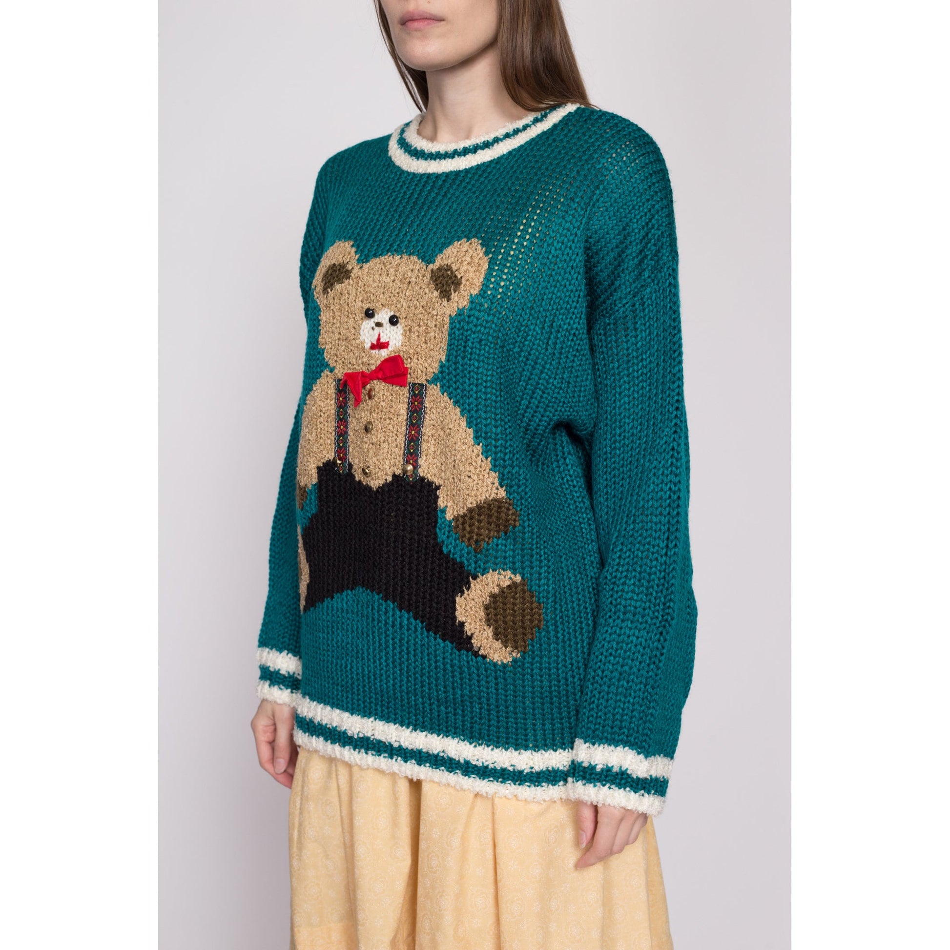 2X| 80s Teddy Bear Novelty Sweater, Deadstock - 2X | Vintage Green Knit Cute Animal Pullover Jumper