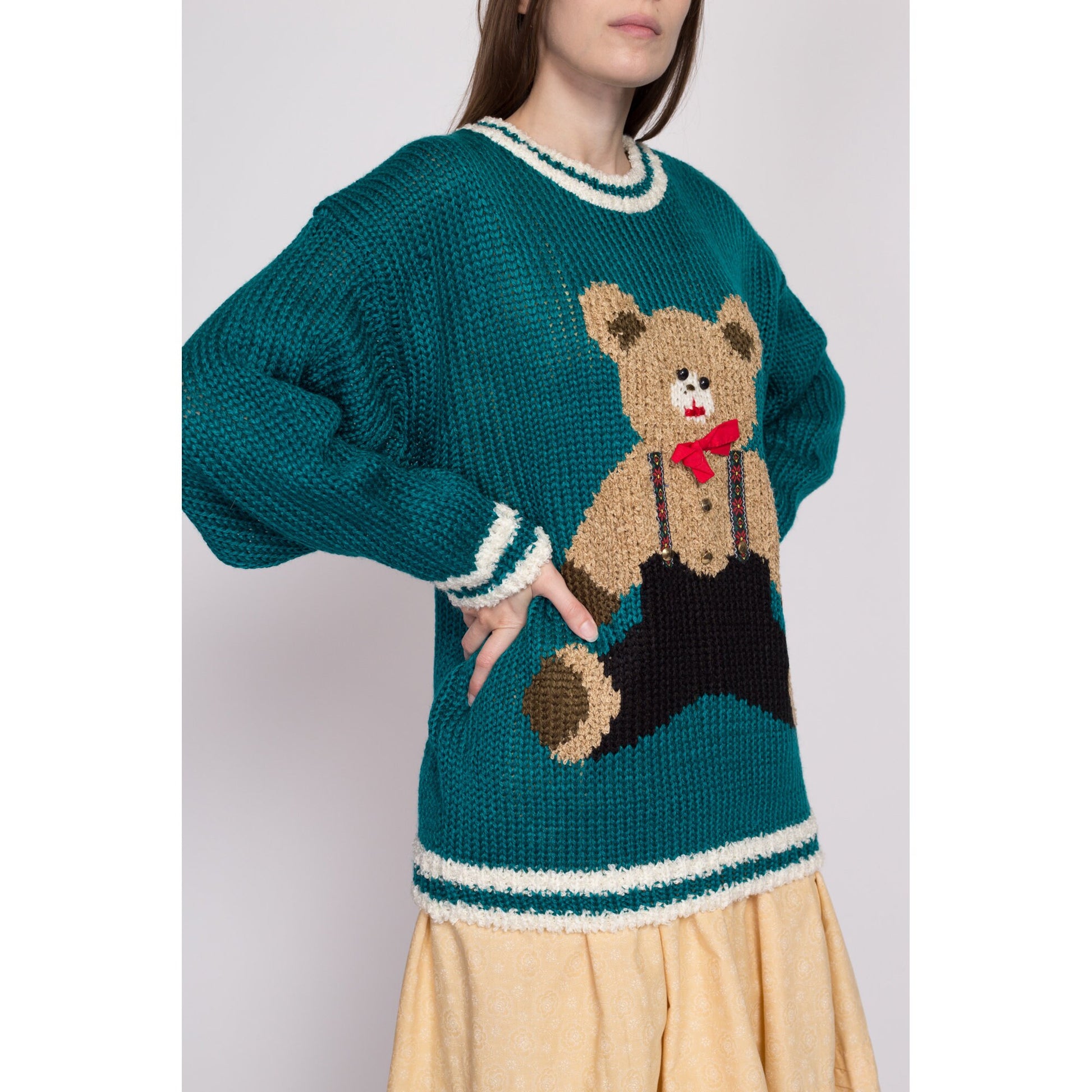 2X| 80s Teddy Bear Novelty Sweater, Deadstock - 2X | Vintage Green Knit Cute Animal Pullover Jumper