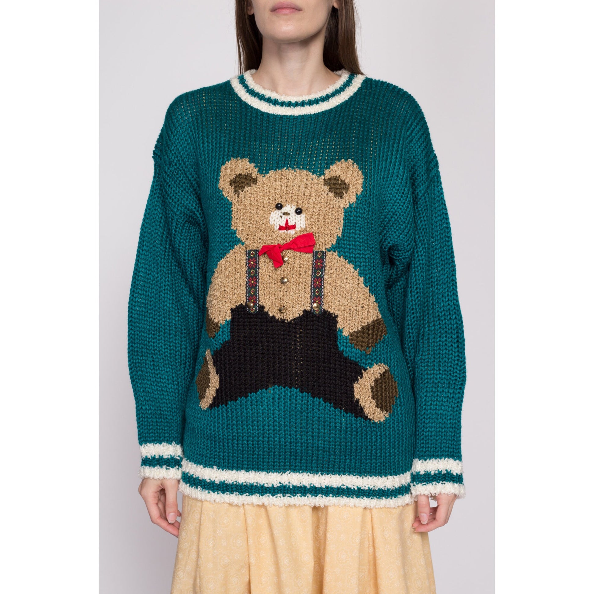 2X| 80s Teddy Bear Novelty Sweater, Deadstock - 2X | Vintage Green Knit Cute Animal Pullover Jumper