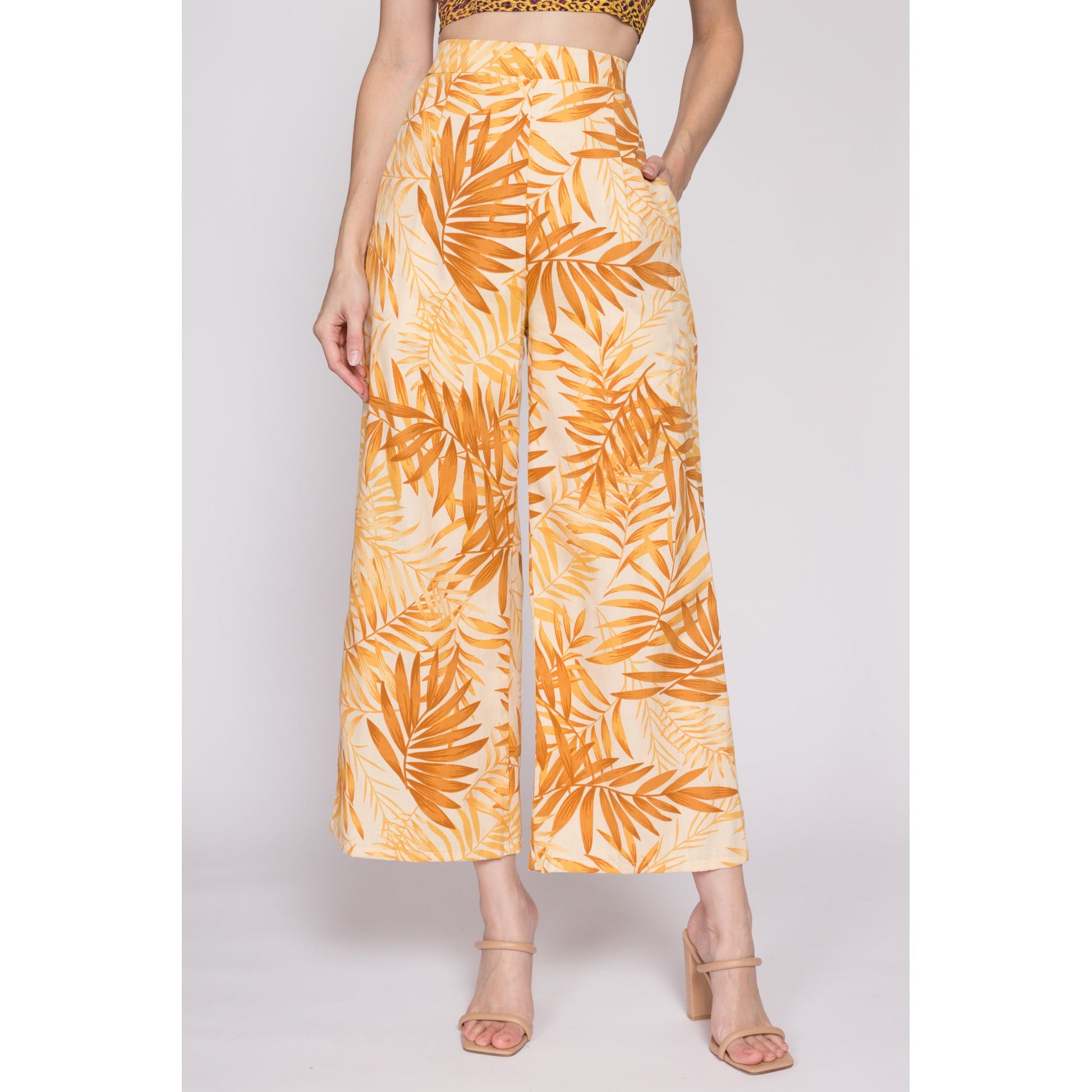 XS| Vintage Yellow Tropical Leaf Print Flared Pants - Extra Small | 90s Y2K Boho Palm Frond Casual Pocket Trousers
