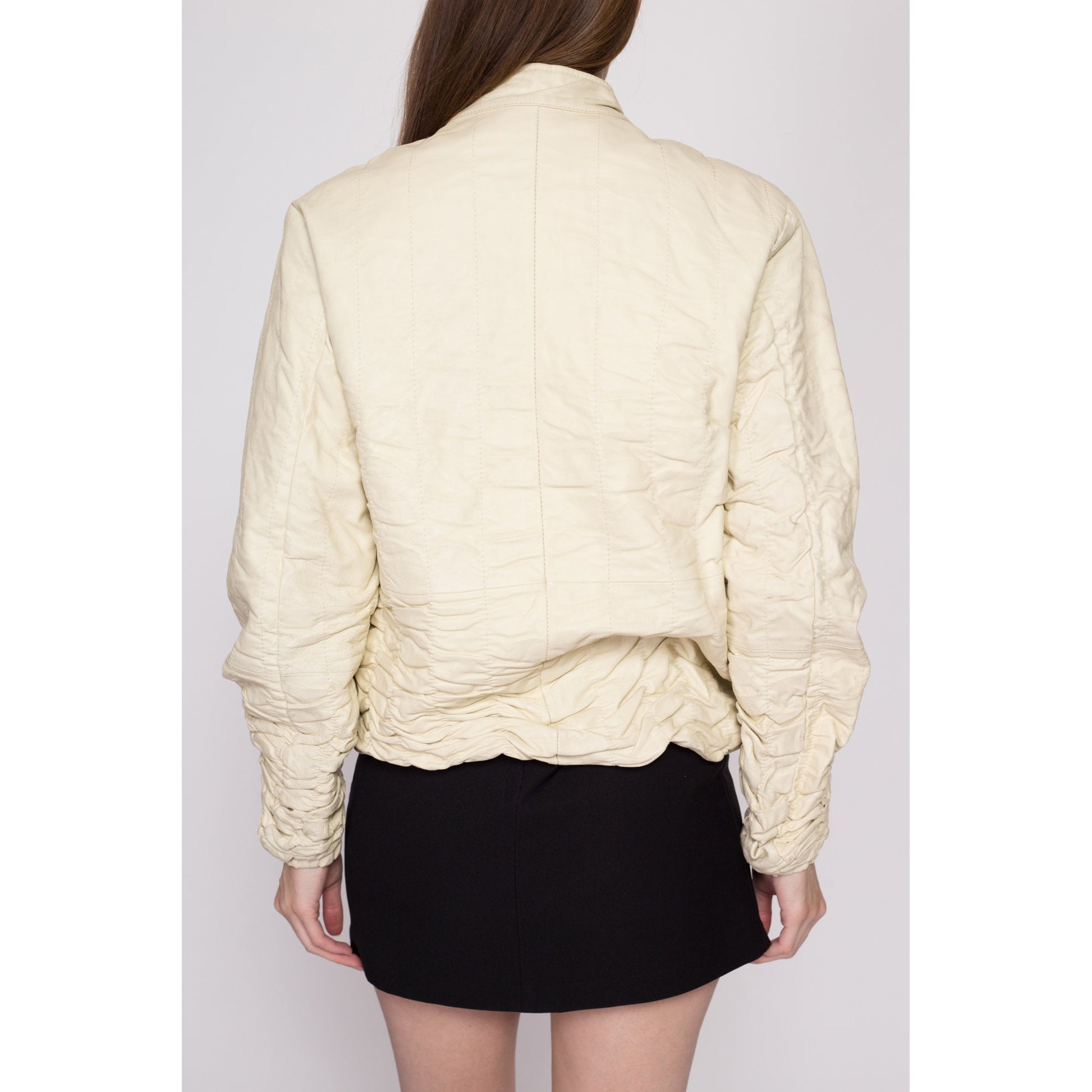 L| 90s Ruched Cream Leather Jacket - Large | Vintage Zip Up Textured Cropped Bubble Coat