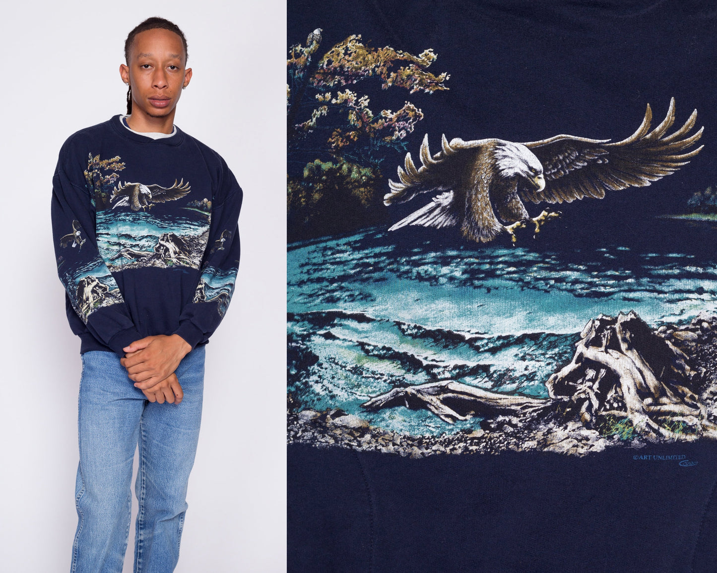 90s Bald Eagle Sweatshirt - Men's Large | Vintage Navy Blue Wraparound Graphic Nature Print Pocket Pullover