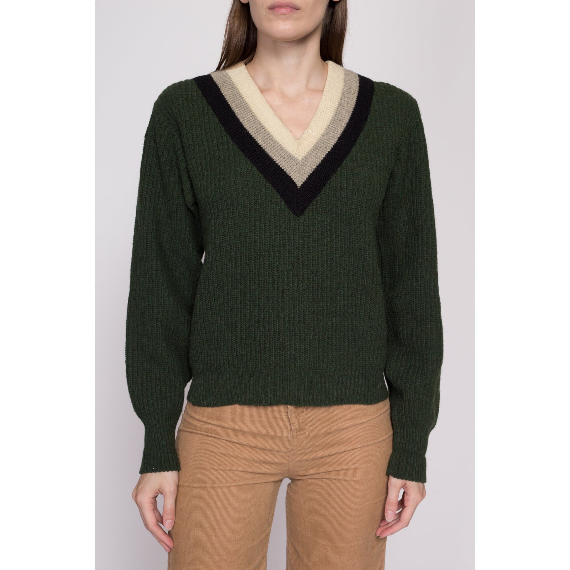 S-M| 70s Robert Bruce Tennis Sweater - Men's Small, Women's Medium | Vintage Forest Green Wool Blend Preppy Striped V Neck Cricket Pullover