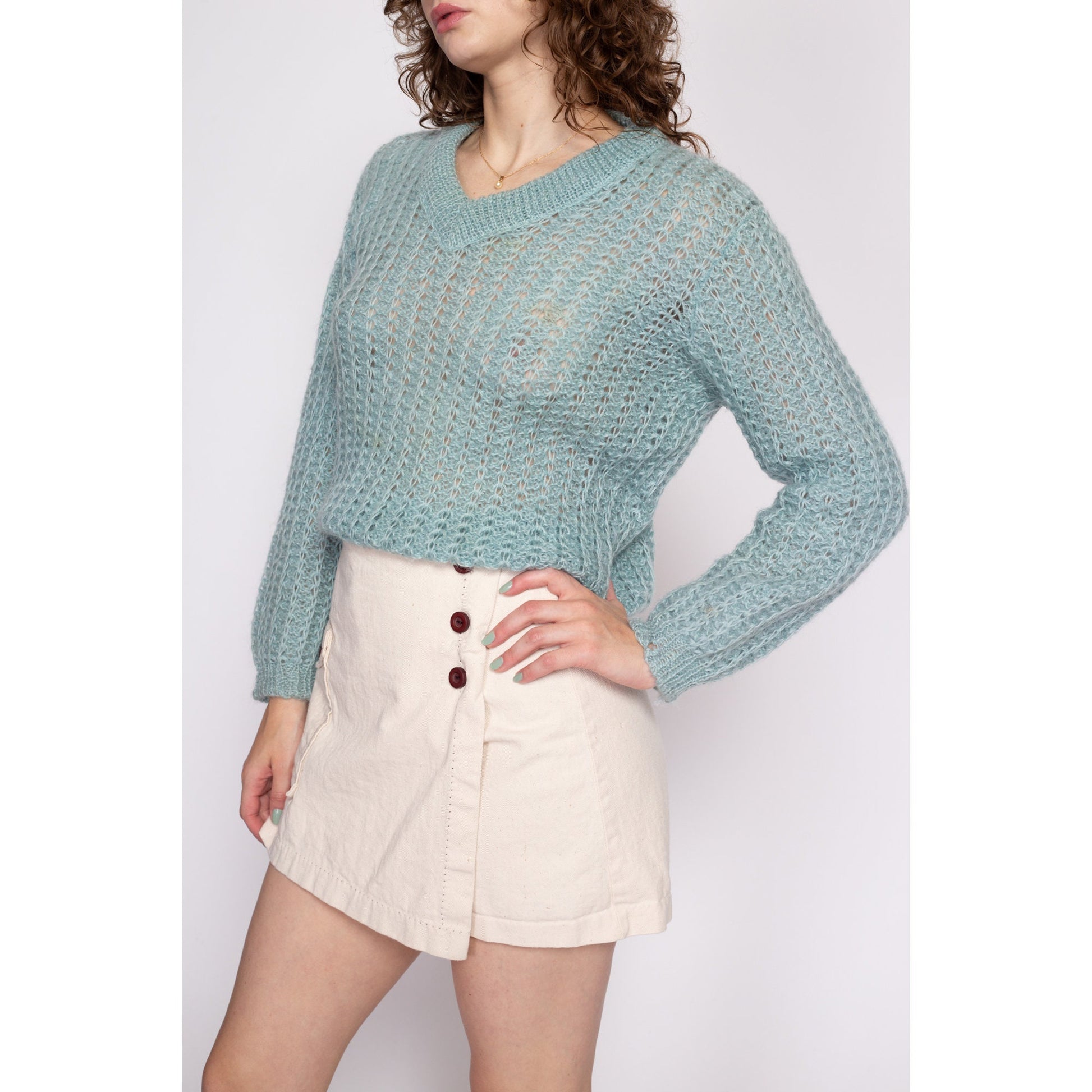 M| 70s Aqua Blue Mohair Wool Sweater - Medium | Vintage Sheer V Neck Open Weave Knit Pullover
