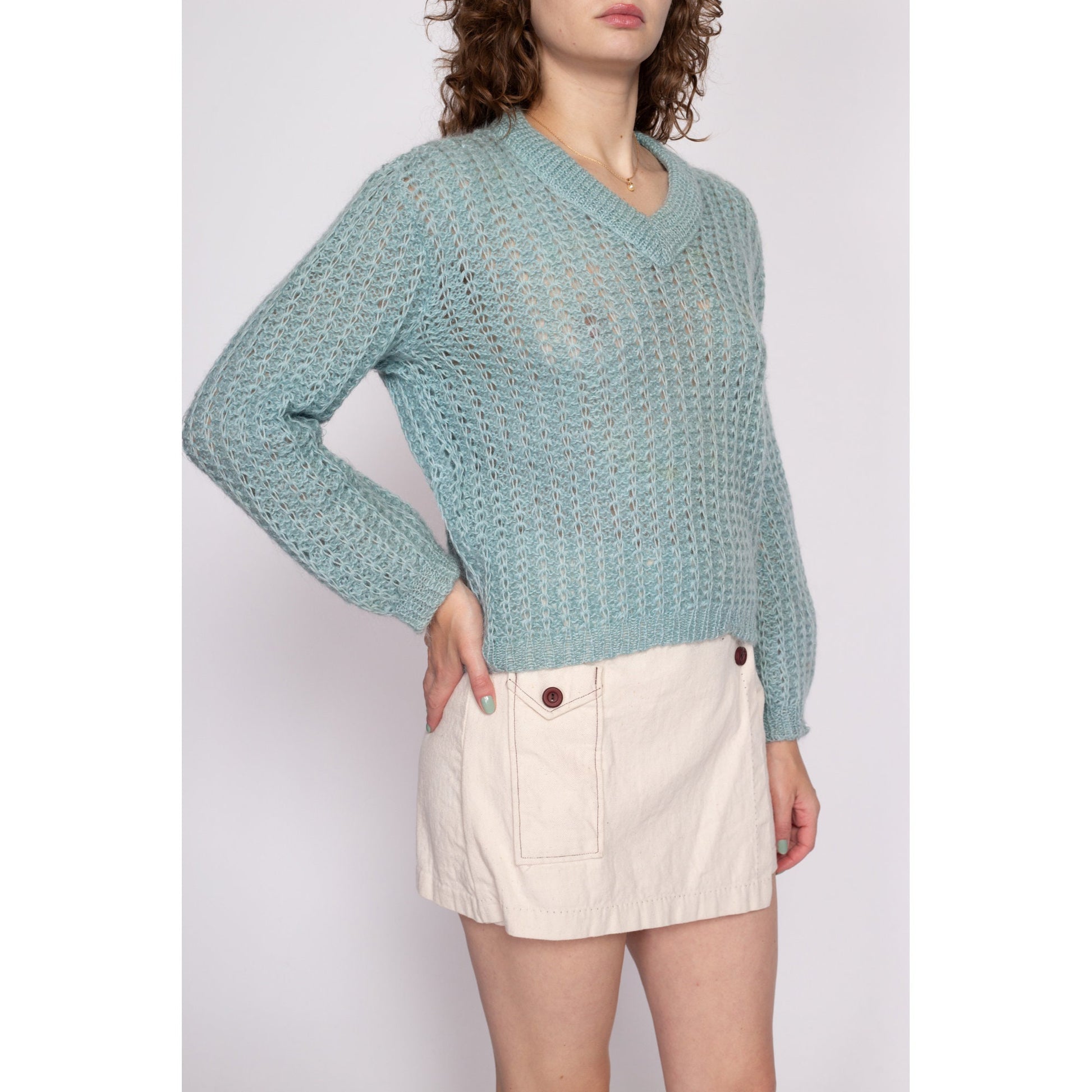 M| 70s Aqua Blue Mohair Wool Sweater - Medium | Vintage Sheer V Neck Open Weave Knit Pullover