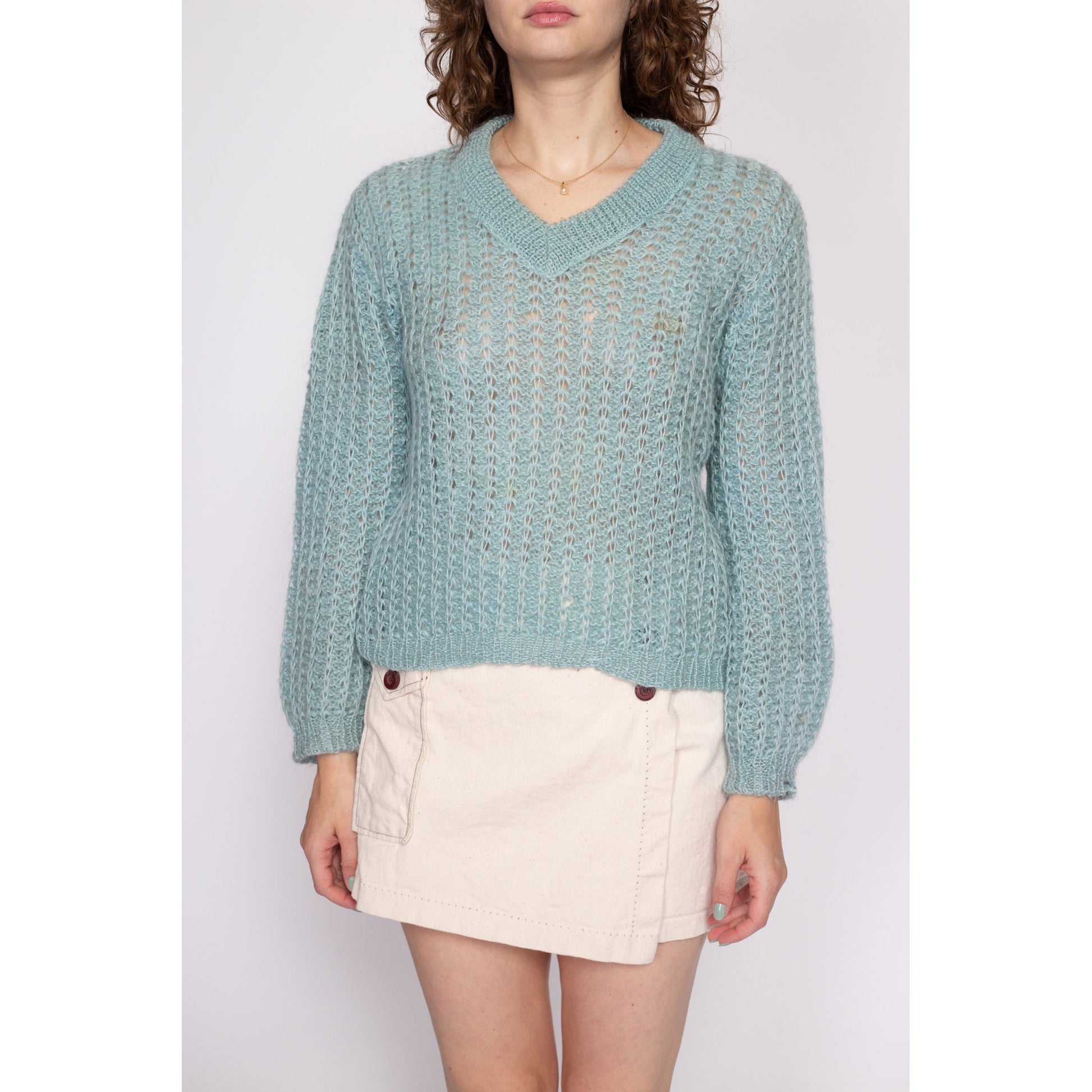 M| 70s Aqua Blue Mohair Wool Sweater - Medium | Vintage Sheer V Neck Open Weave Knit Pullover